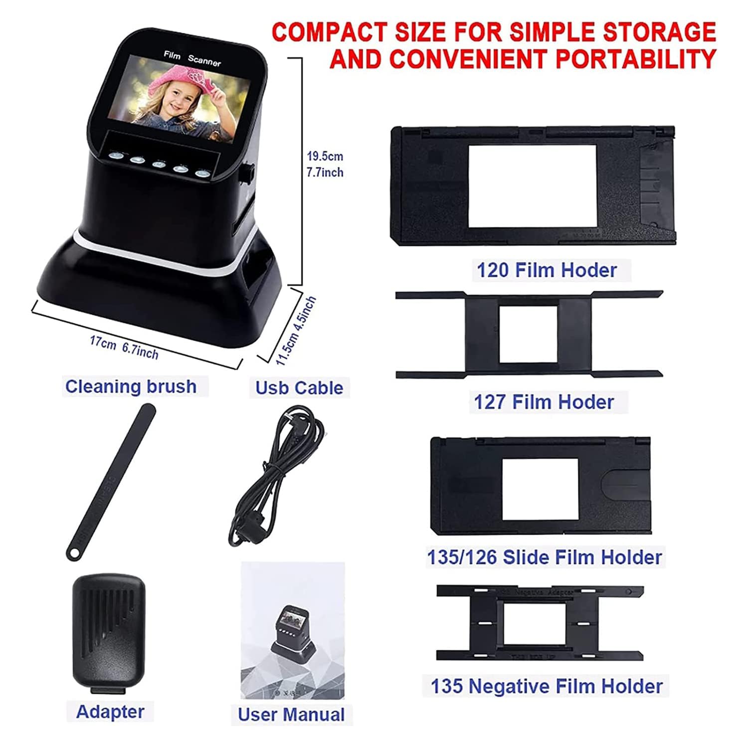 Scanner per pellicola, Scanner digitale per diapositive con schermo LCD da 4,3", 22 megapixel, supporta formati di pellicola da 35 mm, 127 e 126, scansioni positive e negative, bianco e nero