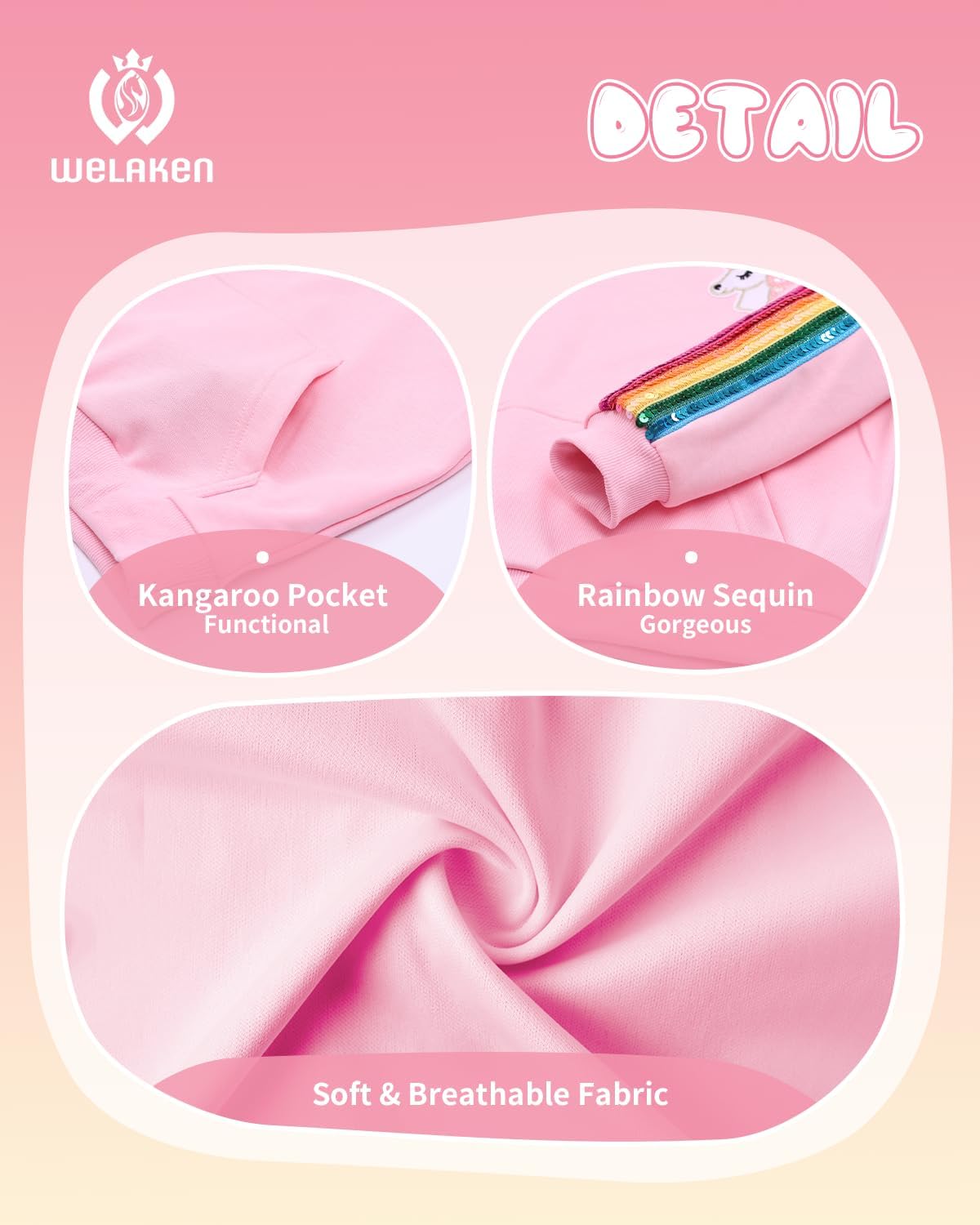 WELAKEN Unicorn Sweatshirt for Girls & Kids Pullover Hoodie with Rainbow Sequin Trim - Image 6