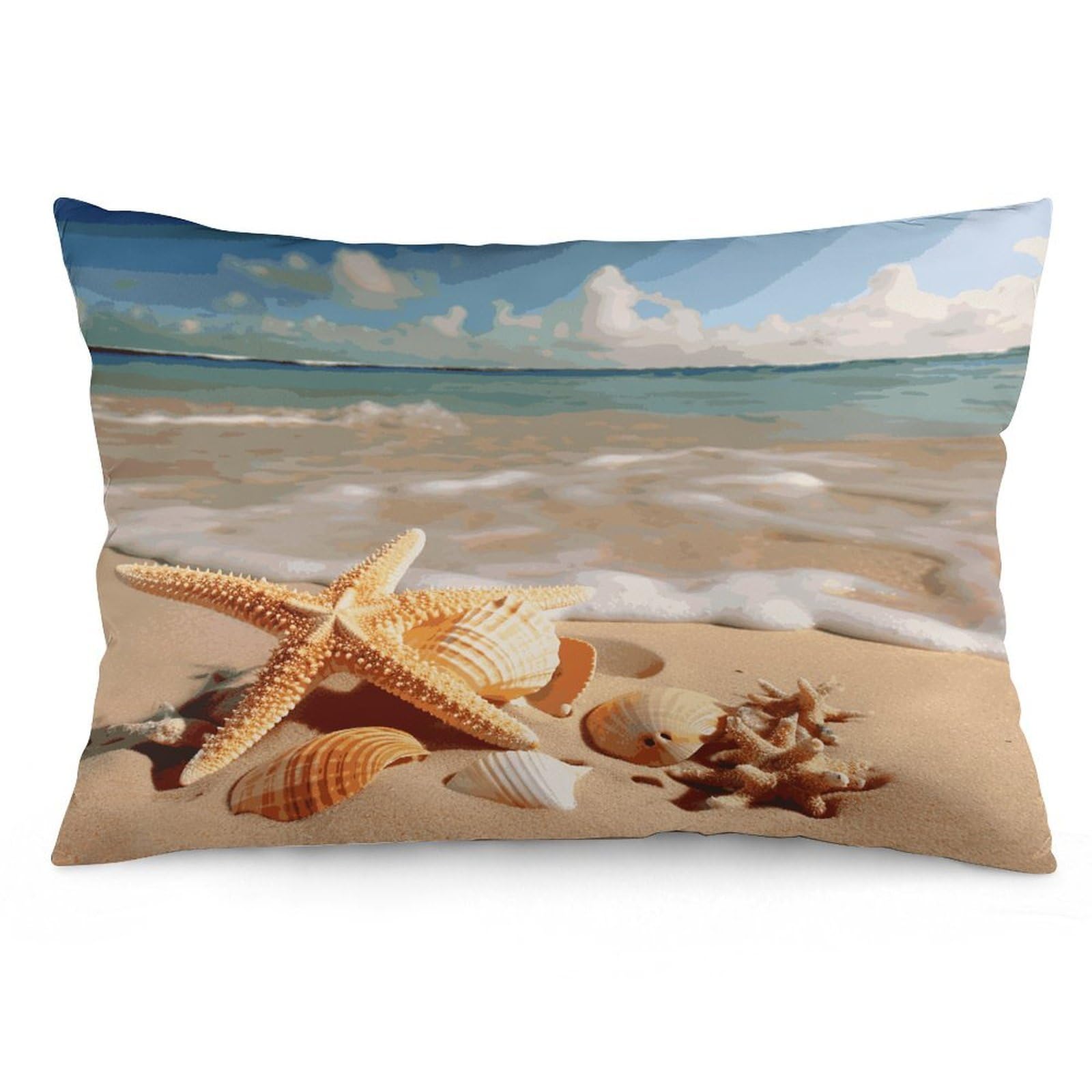 Seashells Starfish on Beach Throw Pillow Covers with Silent Zipper Polyester Pillow Protectors Removable Pillow Cases Soft Pillowcase Cozy Pillow Sham Cushion Cover for Sofa Car Bed 16 "x24