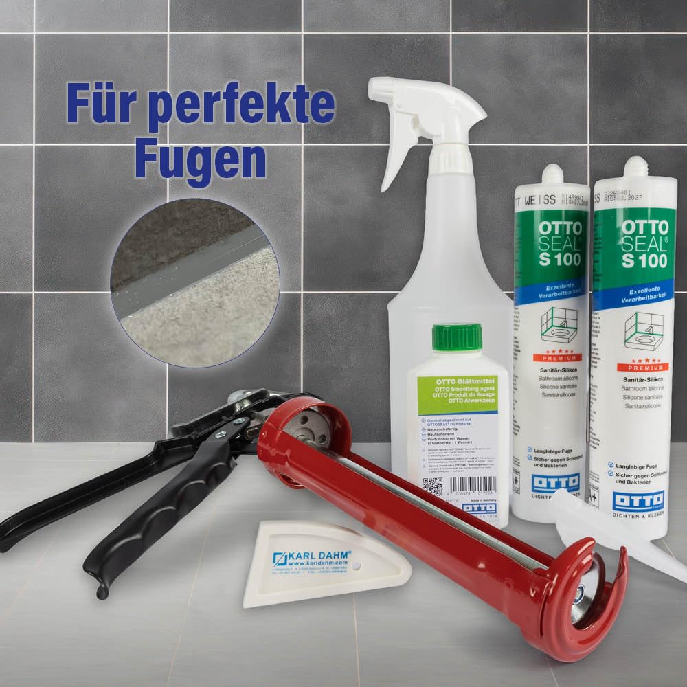 Karl Dahm OTTOSEAL S100 - Set di 2 cartucce di silicone sanitario premium + pressa per fughe, levigante, piastra per fughe e flacone spray, resistente alla muffa, ai raggi UV (C18, art. n. 13118)