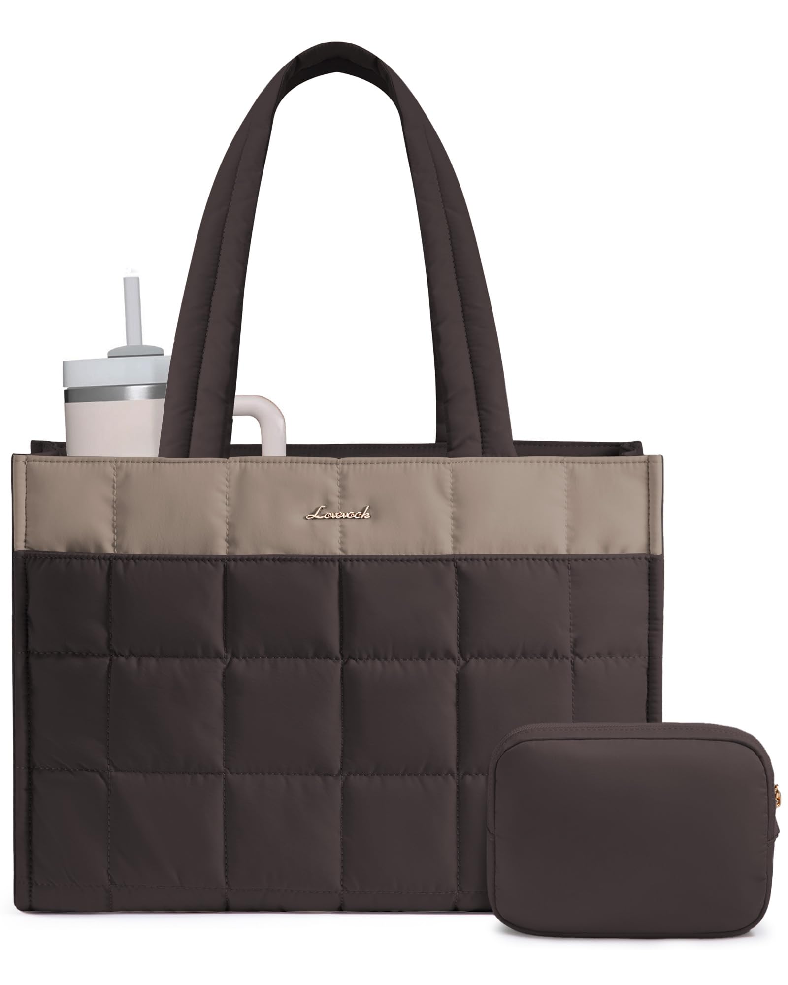 LOVEVOOK Tote Bag for Women, Puffer Work Handbag 15.6 Inch Laptop Purse for Nurse Teacher, Large Quilted Travel Tote Shoulder Bag with Zipper for College Office Clinical Gym, Khaki-coffee
