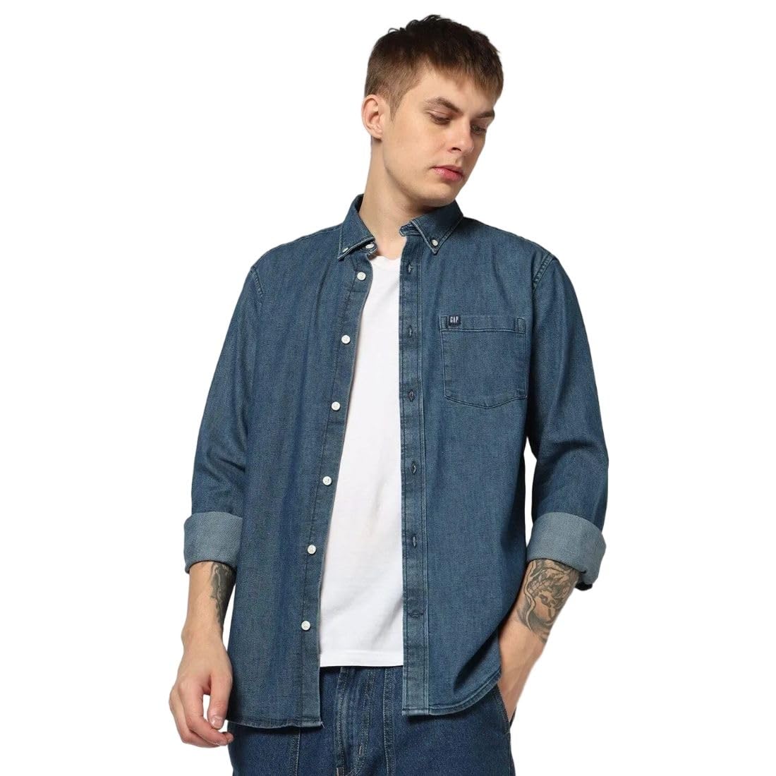 gap Men's Solid Full Sleeve Spread Collar Denim Shirt, lt. Blue, xs-picture-20