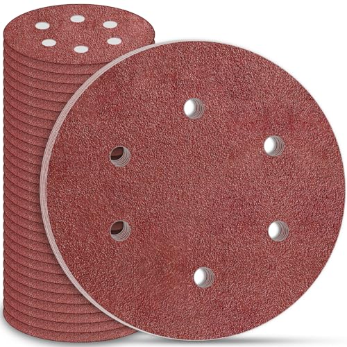 STEBRUAM 30 Piezas Discos de Lijado 225mm Papel Abrasivo 6 Agujeros Discos Lija Redondas 60 Grano,Papeles de Lija Abrasivos para Lijadora de Paredes Techos