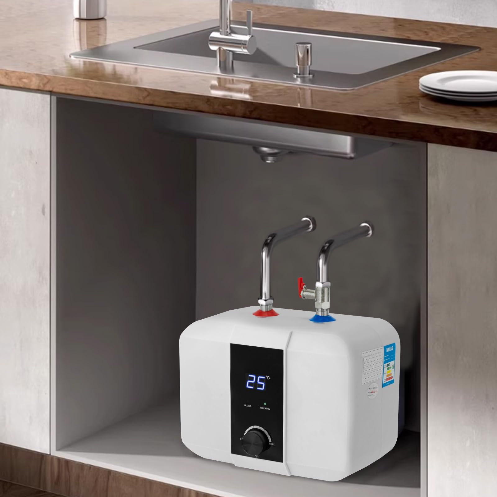 Serbatoio dell'acqua calda resistente alla pressione da 6 litri, 1500 W, serbatoio di stoccaggio sotto il lavello, caldaia elettrica, temperatura 0-65 ℃ regolabile, piccola caldaia