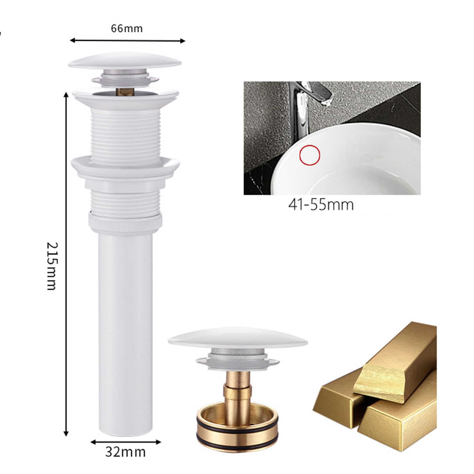 Valvula Desague Lavabo Click Clack,Blanco,Valvula Click Clack Lavabo,Valvula Lavabo Con Rebosadero,Rebote,Cobre Completo,Desagüe De Lavabo,Blanco B