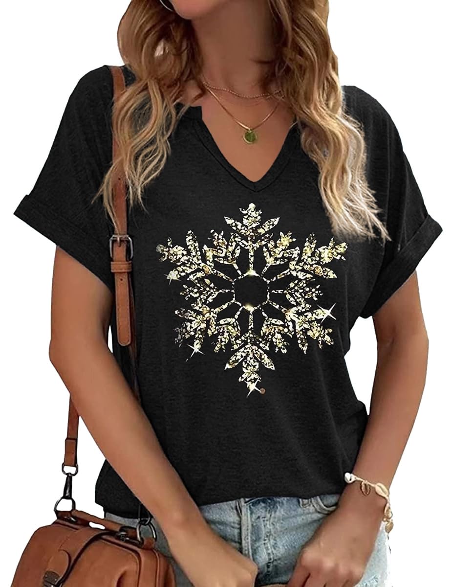 Earlymemb Womens Christmas V Neck Shirt Funny Xmas Holiday Graphic Short Sleeve Tee Family Holiday T-Shirt Blouse
