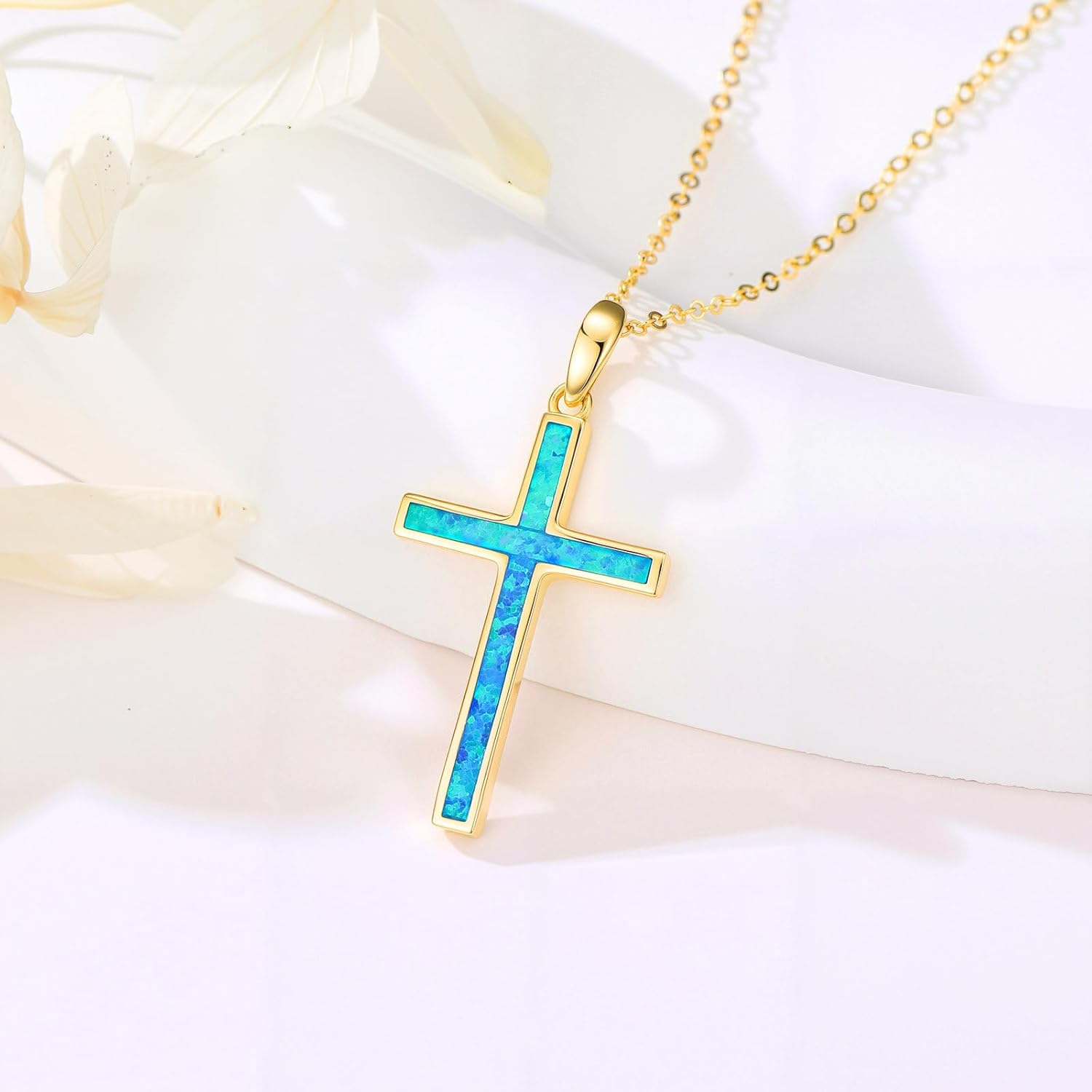 SISGEM 14K Gold Cross Pendant Necklace for Women,Yellow Gold Created Emerald/Blue Opal Cross Necklaces Religious Jewelry Anniversary Birthday Gifts for Wife Mom,16''-18''