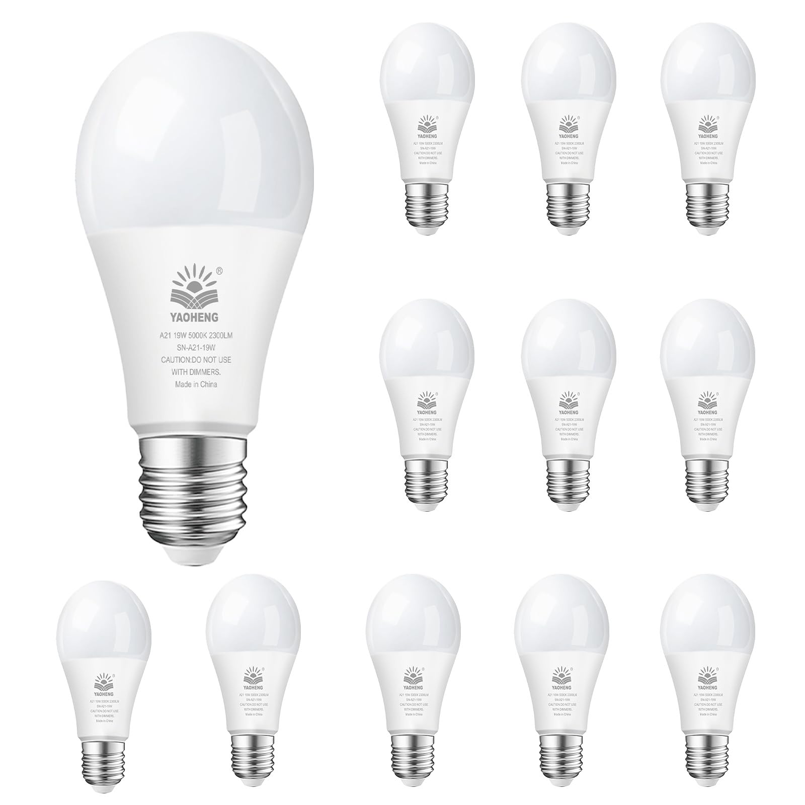 A21 LED-Leuchtmittel, entspricht 150 Watt, 19 W, 5000 K Tageslicht, 2300 Lumen, nicht dimmbar, E26-Sockel, superhelle Glühbirne für den Innenbereich, energieeffizient, ETL-gelistet, 12 Stück