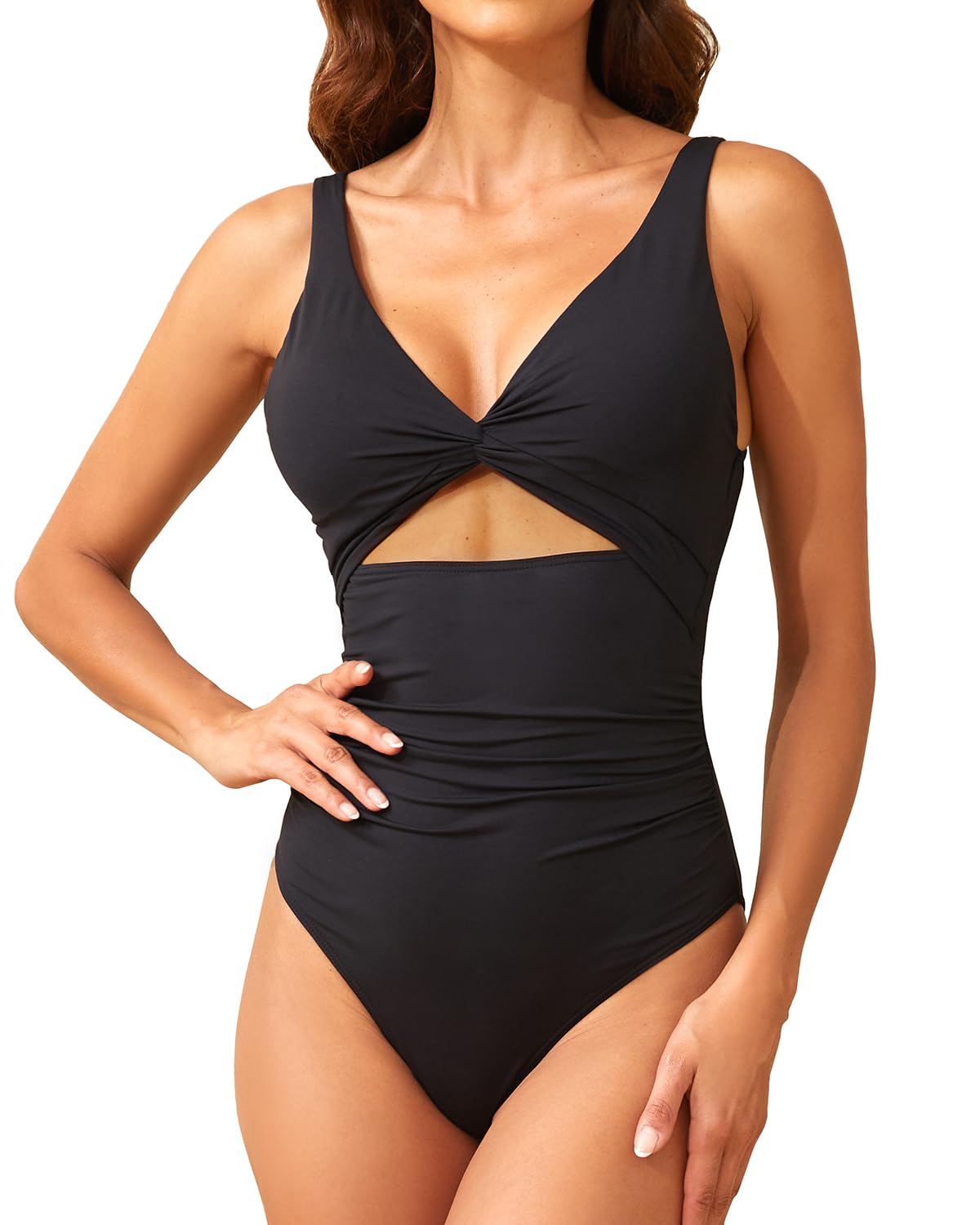 Tempt Me Women One Piece Swimsuits Tummy Control Cutout Bathing Suits Ruched V Neck Twist Front Swimwear L