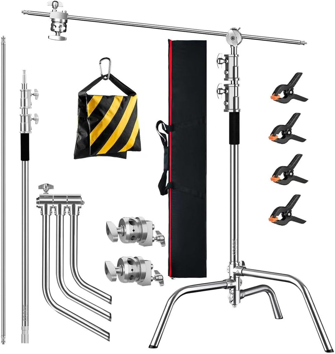 Heavy Duty C-Stand with Boom Arm & Turtle Base - 210cm Stainless Steel Photography Light Stand Kit, 88cm Extension Arm, 2 Grip Heads, Sandbag & Carrying Case for Studio Softbox Monolight