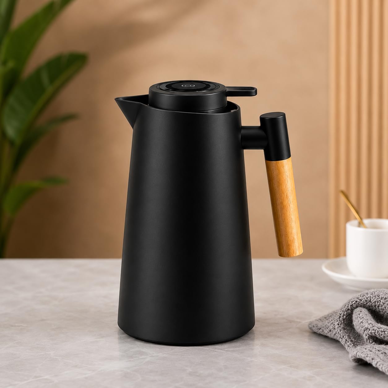 1000ml Smart Thermal Jug Flask with LCD Temperature Display, 1L Vacuum Insulated Coffee Pot, PP & Glass Hot Water Carafe with Wooden Handle for Home and Office Black