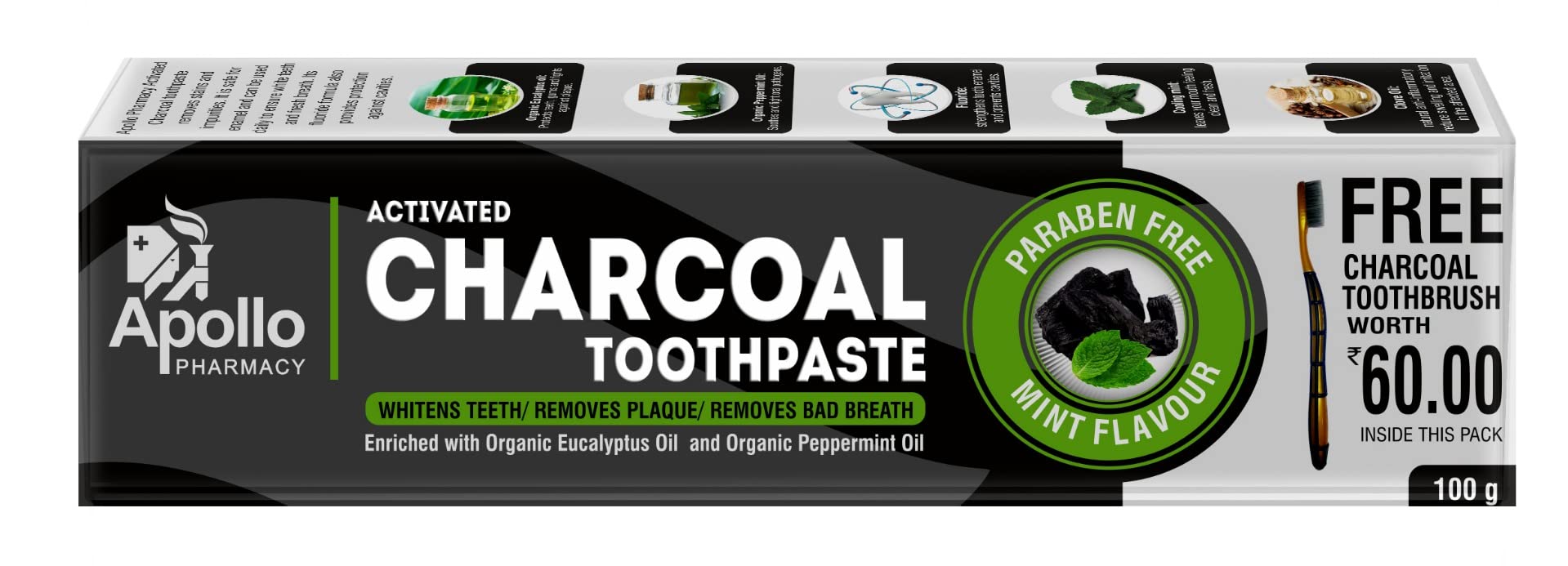 Apollo Pharmacy Activated Charcoal Mint Flavour Toothpaste + Toothbrush Free, 100 gm (B09WVKJRJQ) Amazon Price History, Amazon Price Tracker