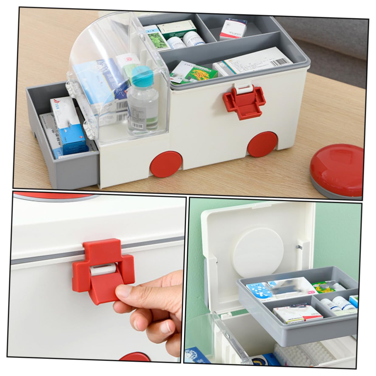 NOLITOY Caja Organizadora de Medicamentos de Plástico Resistente con Doble y Gran Capacidad Maletín Portátil para Primeros Auxilios Hogar y Viajes Color Gris