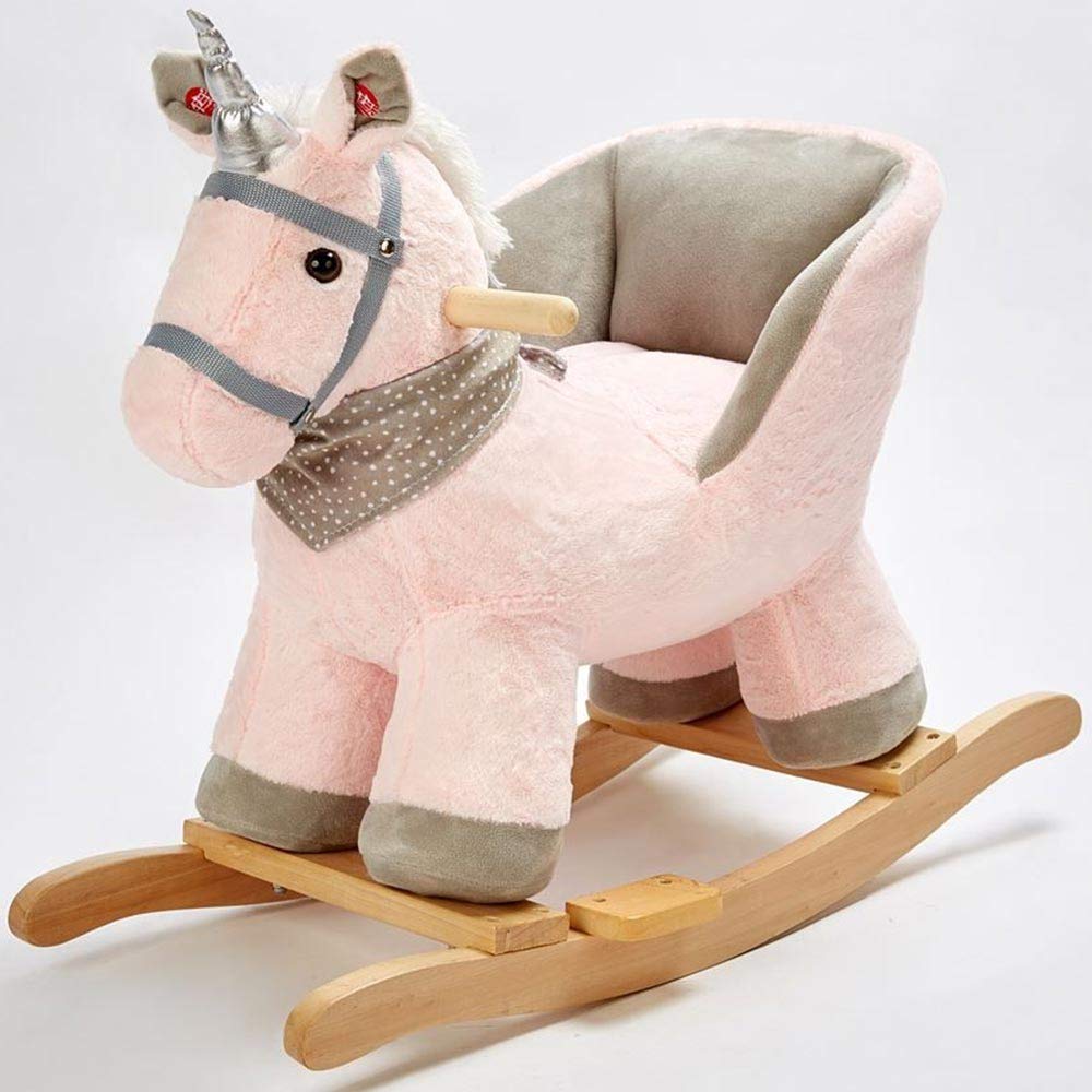 Bakaji Unicorno a Dondolo Cavalluccio Cavalcabile Peluche Giocattolo per Bambini con Effetti Sonori Maniglie e Cintura di Sicurezza Rosa