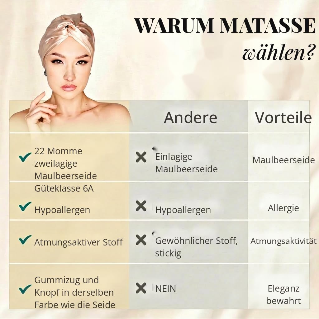 MATASSE Seidenhaube Zum Schlafen Aus 22 Momme Maulbeerseide, Verstellbares Bonnet Seide Für Damen, Doppellagige Schlafhaube Seide Atmungsaktiv Und Hypoallergen, Entworfen In Italien