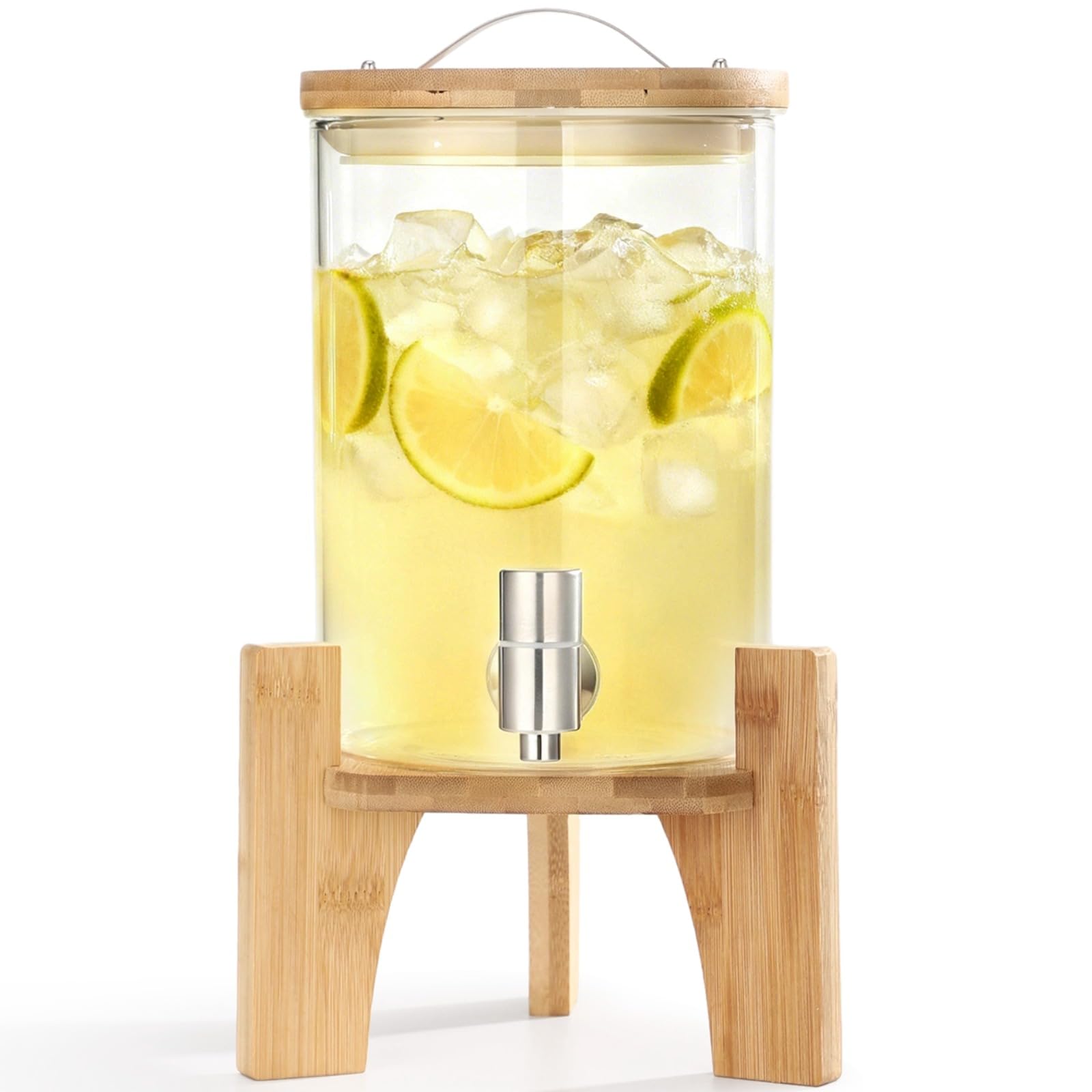 glass beverage dispenser with lid, 0.66 gallon / 2.5l water drink dispenser with stainless steel spigot and wood stand for brewing, parties, homemade beverages