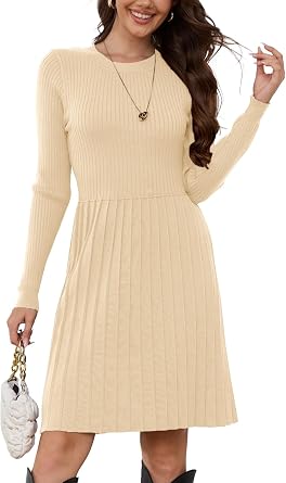 Jayscreate Women's 2024 Sweater Dress Long Sleeve Fall Winter High Waist Tunic Business Casual Mini Pleated Dress