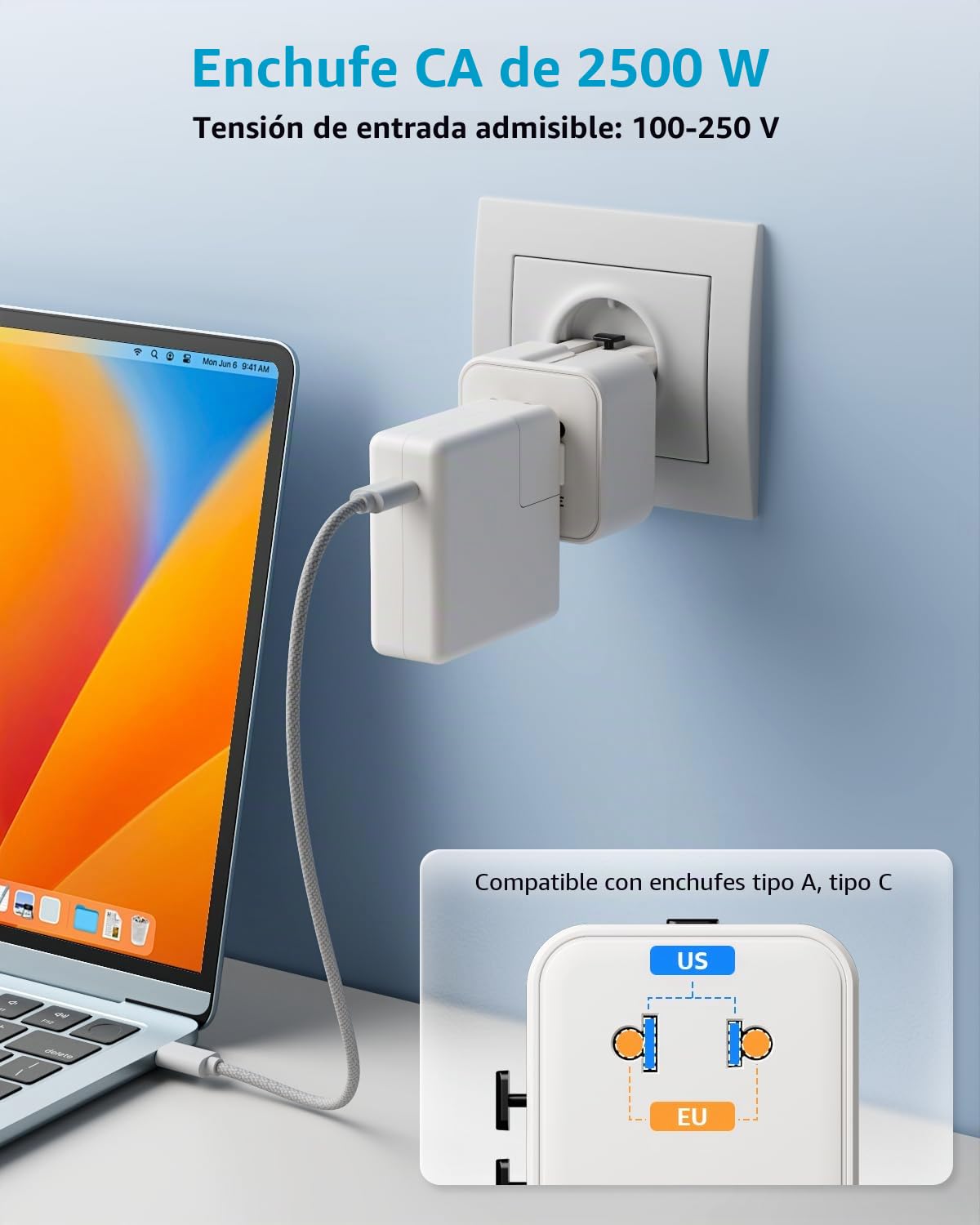 “Air” Adaptador Enchufe Universal con AC 2500W MAX para Viaje | Adaptador de Viaje, NO Un Convertidor de Tensión, para EU, Reino Unido, Americano, Canadá, Australia & 200+ País (Blanco)