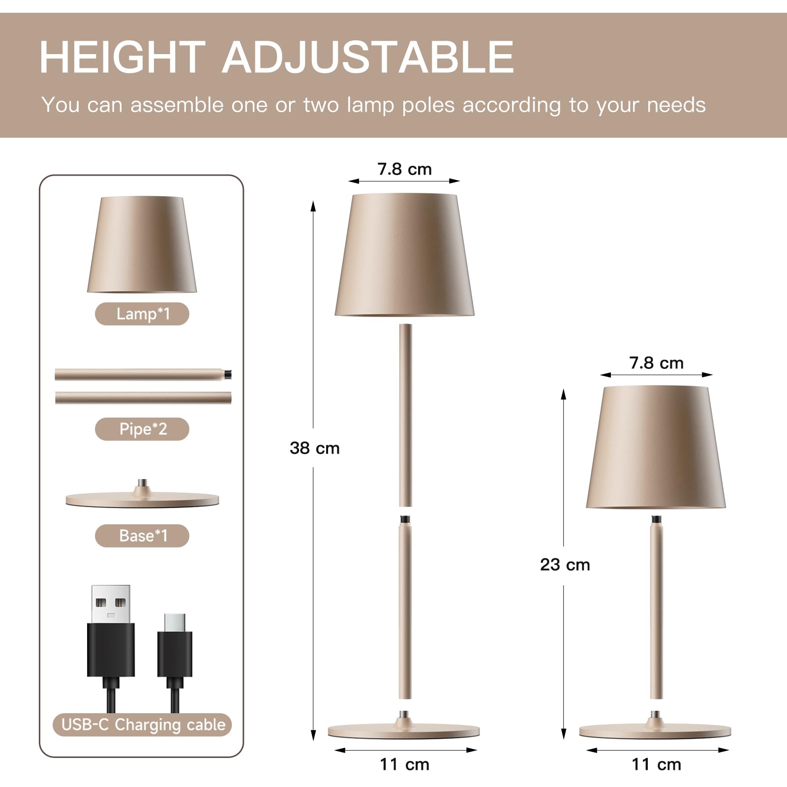 2 Stück Tischlamp Dimmbare Touch Kabellose,Led Tischlampe Akku Usb Aufladbar,Drei Farbtemperaturen Metall LED Wiederaufladbar Tischlampe für Outdoor und Indoor,IP54 Wasserdicht,5200mAh,Beige