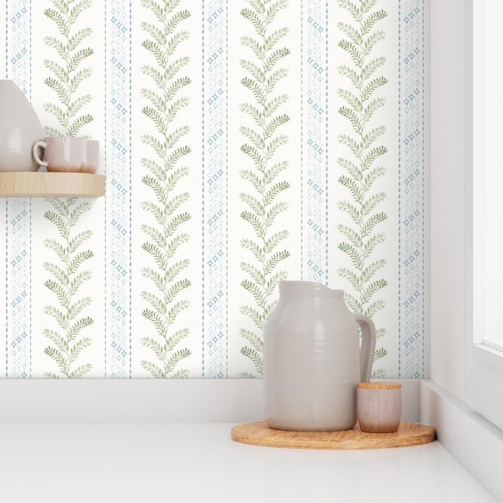 Peel & Stick Wallpaper 3ft x 2ft - Leaves and Stripes,sage Green Blue,French Country,Vintage,Modern Farmhouse,Cottage,Watercolor Custom Removable Wallpaper by Spoonflower