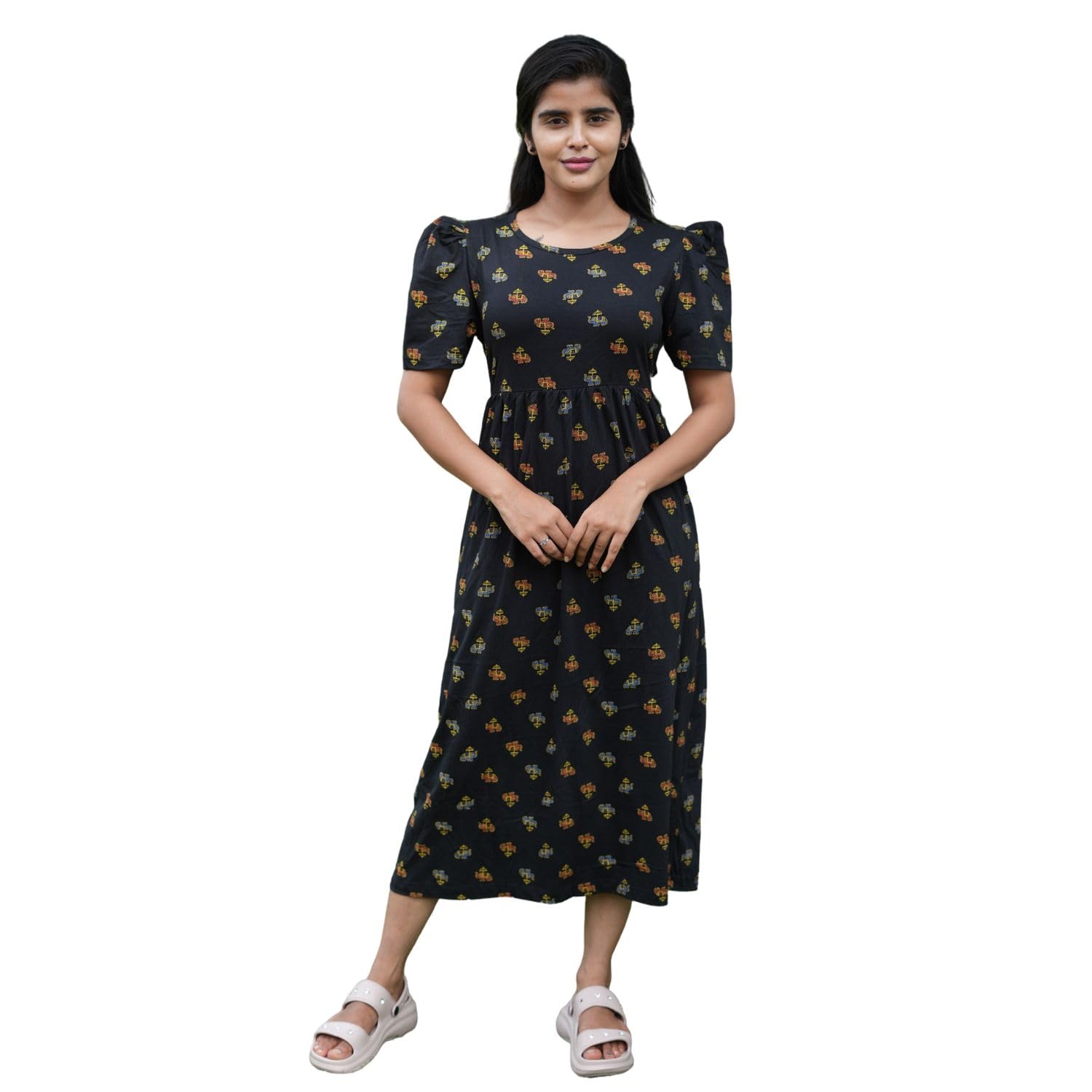 Lara Maternity Dress for Women with Puffed Sleeves Soft Feel Adjustable Back Rope Pregnancy Wear with Pockets | Relax Fit Casual Lounge Dress-image-34