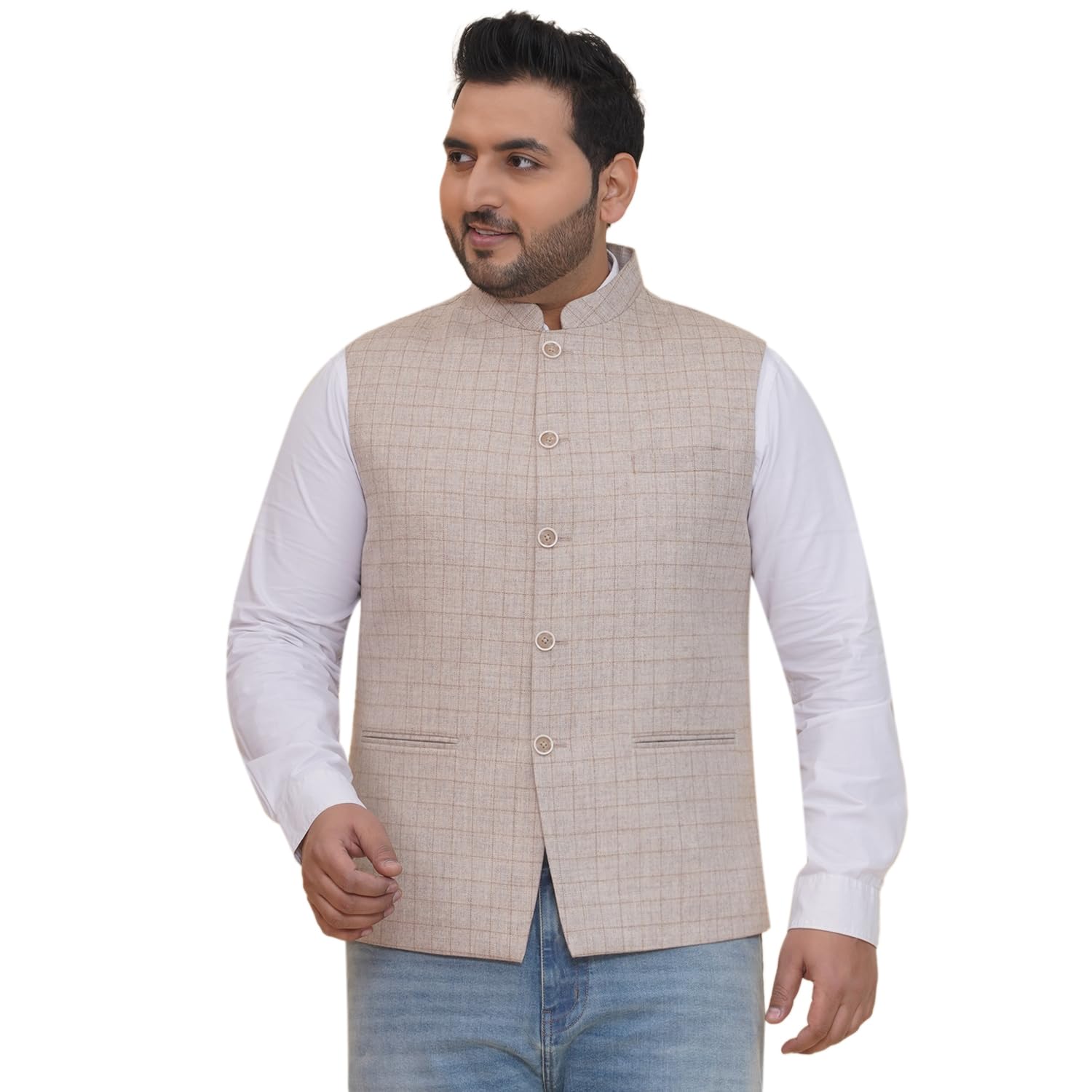 john pride Plus Size Men Regular Fit Checked Beige Tweed Nehru Jacket (JPNJ7502_Beige)-picture-14
