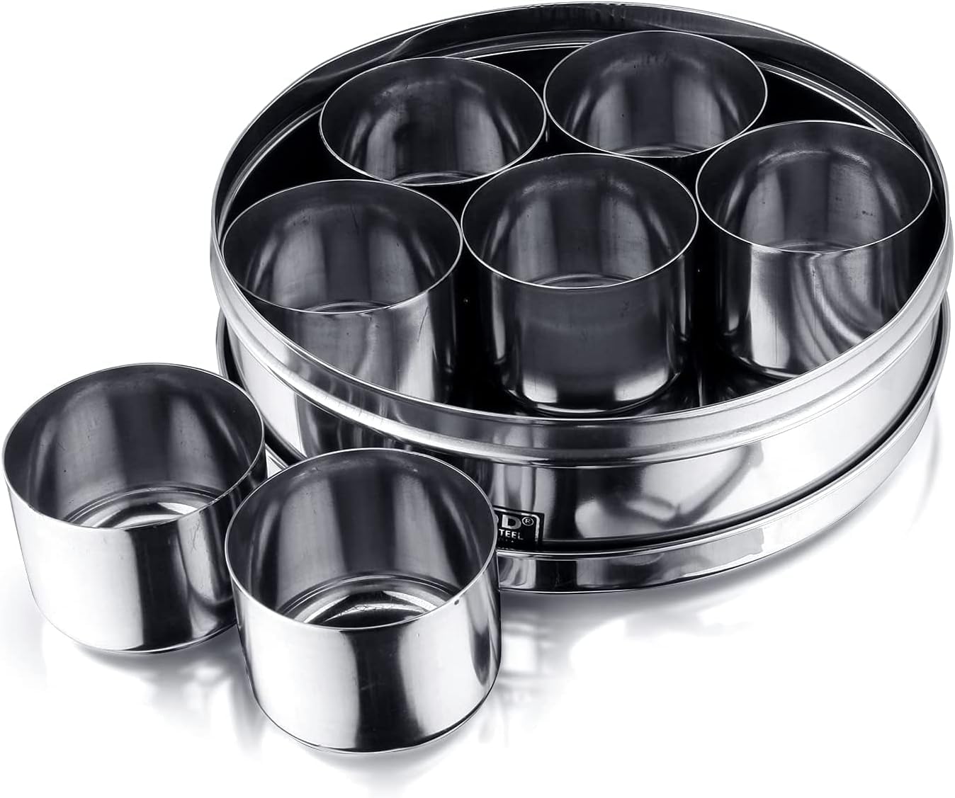 Nobel Silver Stainless Steel Masala Dabba (Spice Box), Authentic Indian Style Dabba With 7 Removable Compartments & 1 Spoons See Through Lid (20Cm Diameter)