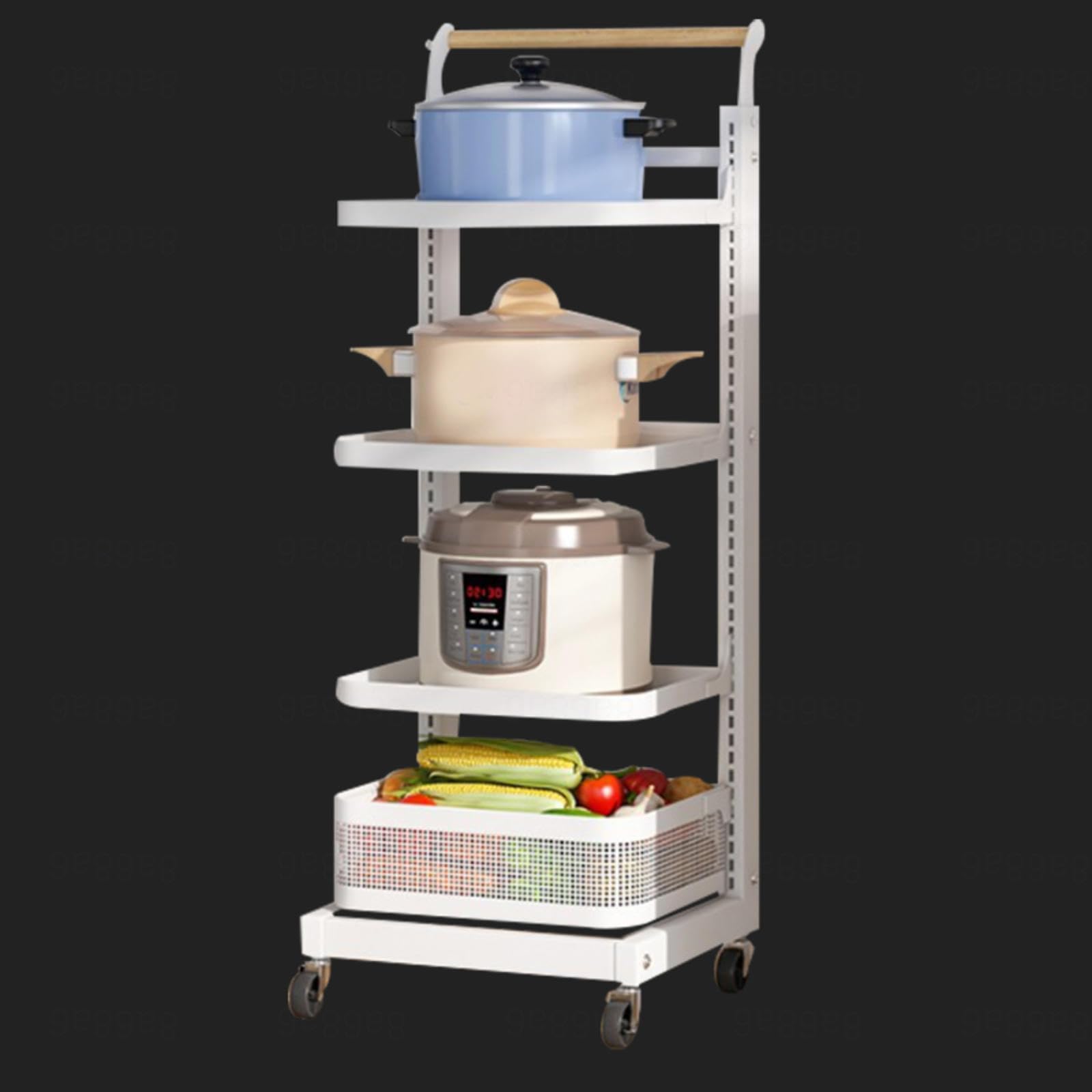 Supporto angolare nero per forno a microonde, armadio scorrevole per piatti e utensili, 4 tavole e 1 cestino, soluzione ideale per cucina e dispensa