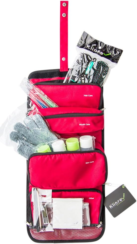 Travel Toiletry Bag Filled with Hairbrush, 2 Toothbrushes, Exfoliating Bath Sponge, Shower cap, 4 travel size bottles, Nail care kit. Complete Personal Care Kit