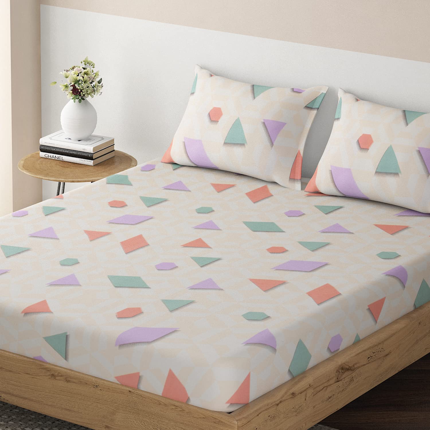 HOKIPO Brushed Microfiber 135 GSM Printed Elastic King Size Fitted Bedsheet, 78x72 inches with 2 Pillow Cover, Abstract Geometric Grey Blush Beige (IN-633-D10) (B0C55K357M) Amazon Price History, Amazon Price Tracker