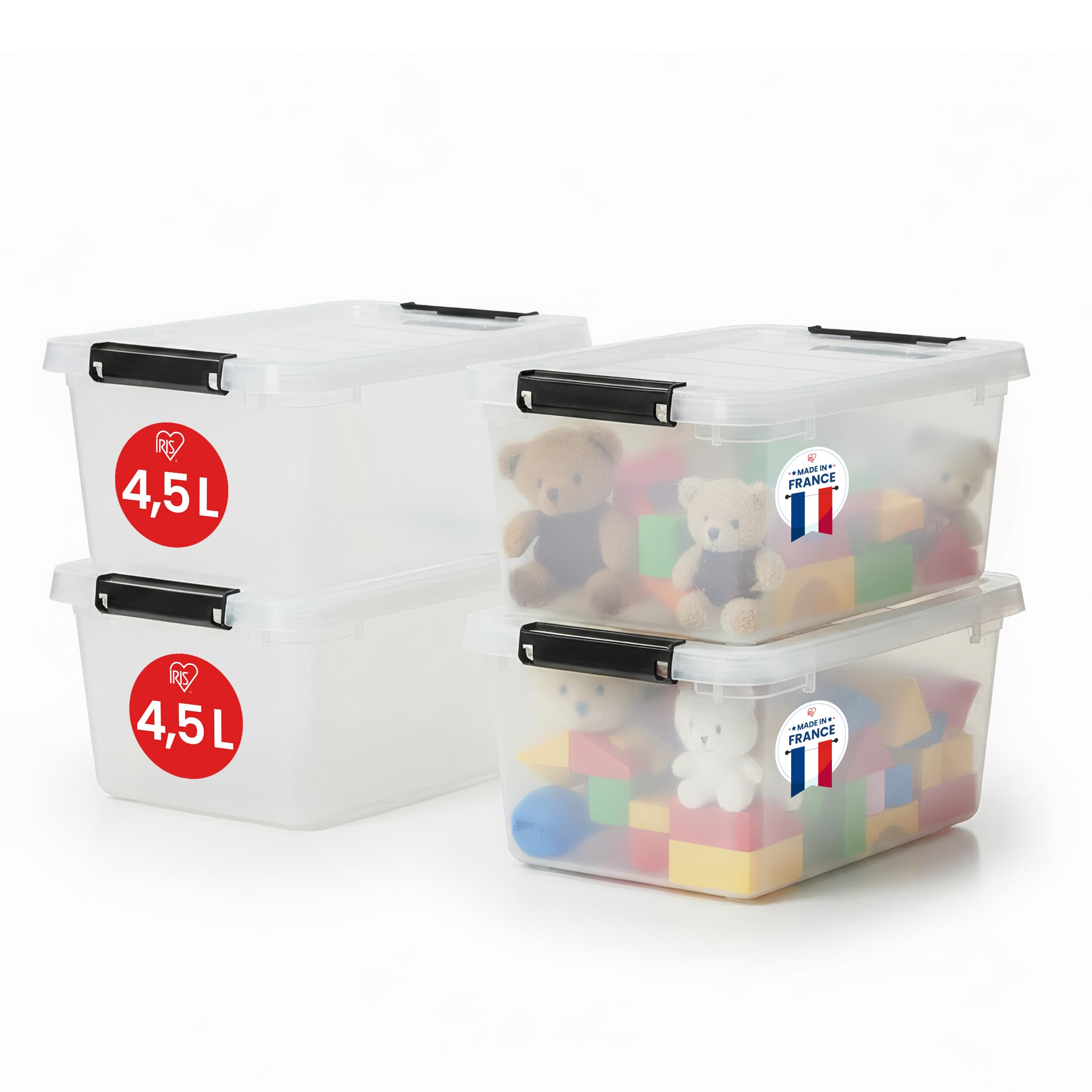 Iris Ohyama Aufbewahrungsboxen mit Deckel, 4.5L, 4er-Set, Transparent, Sicherer Verschluss, Stapelbar, Griffe, Schlafzimmer, Schrank, Büro, Organisation, BPA-freies Plastik, Ordnungsboxen, FTB-4.5
