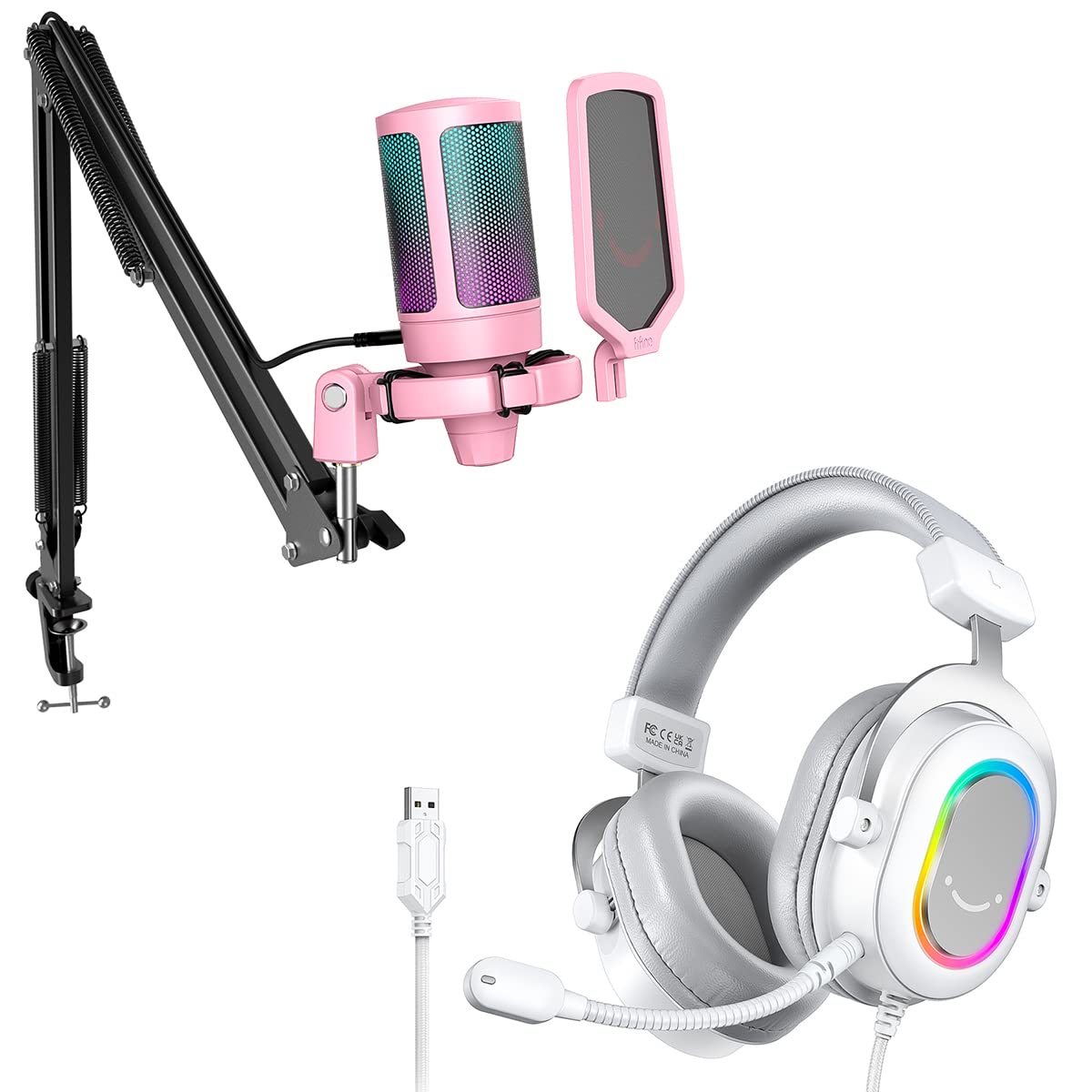 FIFINE Gaming Microphone Kit, White USB Headset for PC Streaming, RGB Bundle for Podcasting, YouTube, Condenser Cardioid Mic with Quick Mute, Headphones with EQ Mode, Soft Ear Pads (A6TP+H6W)