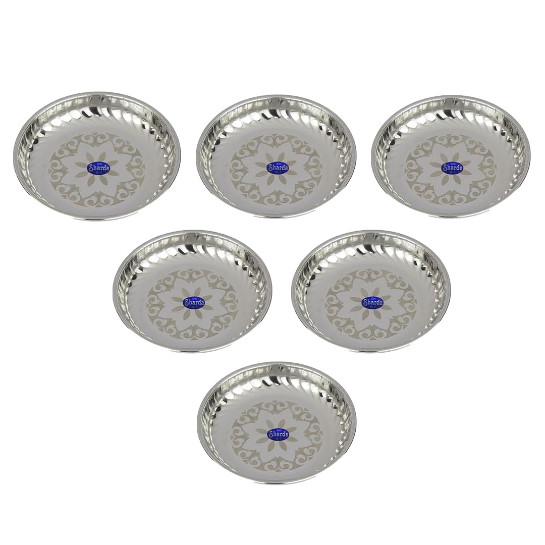 Sharda Metals Set of 6 Stainless Steel Side Serving Designer Plates Dishes, Small, Silver