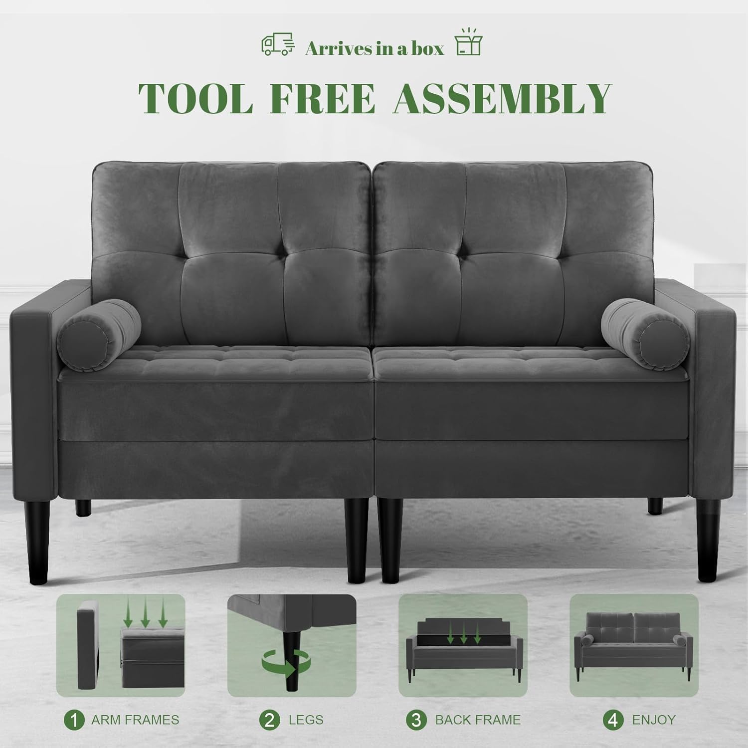 Sofá 2 Plazas, Cojín Cómodo, 2 Almohadas (Gris sólido) | Sofá Moderno de Terciopelo con 2 Almohadas y Bolsillos Laterales para Salón, Apartamento y Dormitorio, Fácil de Montar