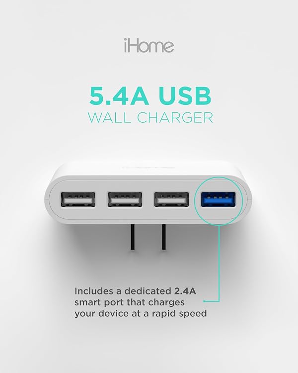 iHome Slim 4-Port USB Wall Charger, AC Pro Multiport Plug Adapter, Phone Charging Block with 4 Ports, Flat USB Wall Adapter for Home & Travel by iHome - Image 3