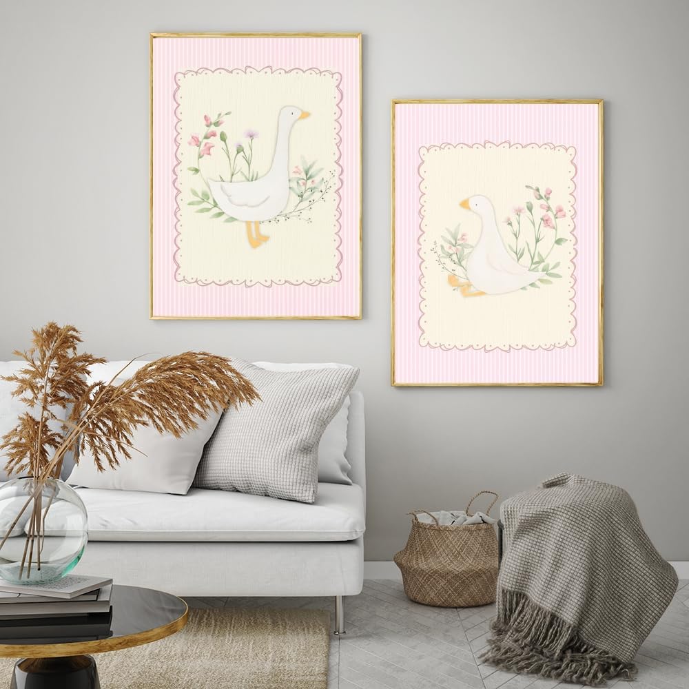 Vintage Pink Silly Goose Wall Art Set of 2 Trendy Sweet Floral Country Animal Poster Pink and White Striped Print Funny Cottagecore Girls Room Bedroom Apartment Decor 12x18inch Framed