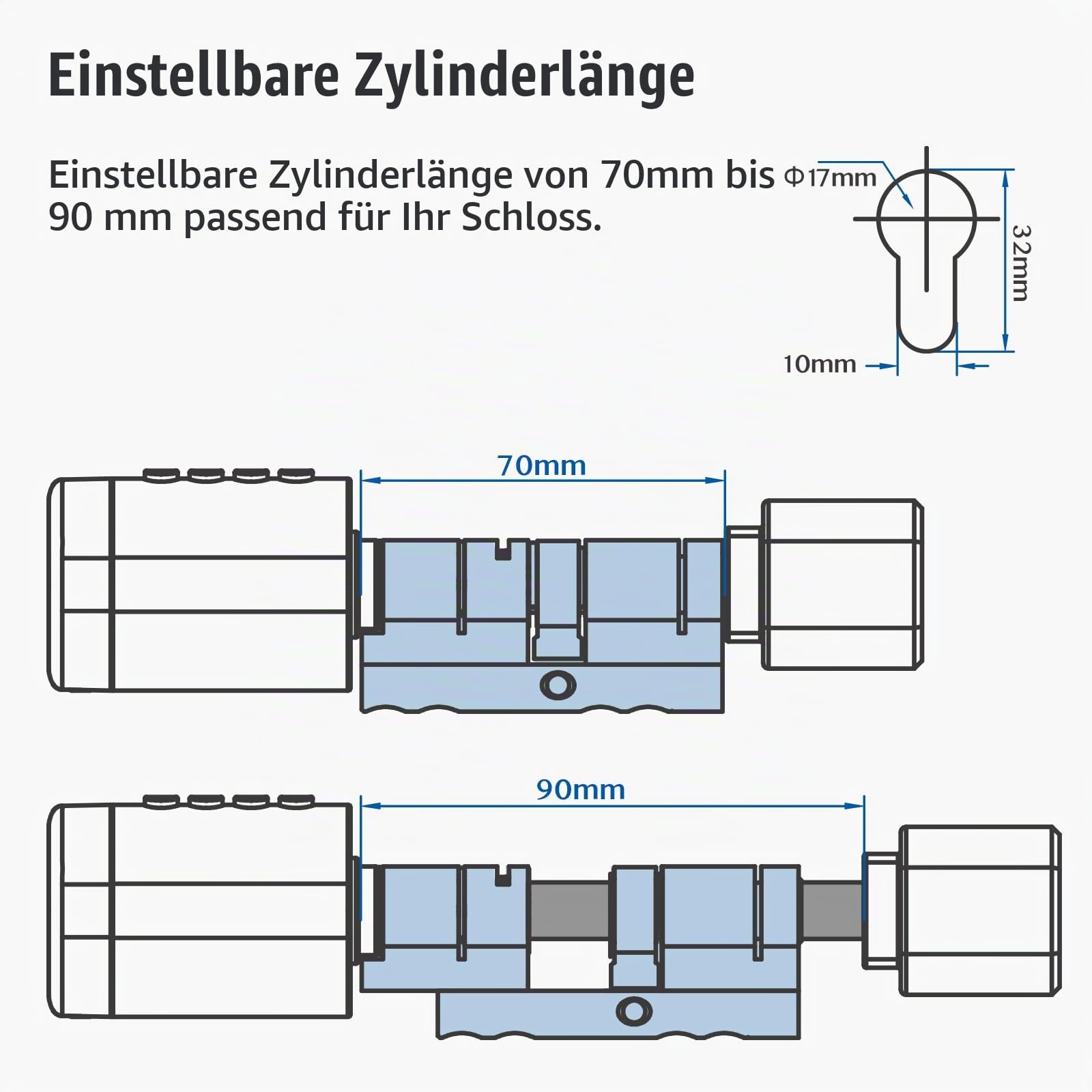 Ruveno Intelligentes Schloss, Elektronisches Fingerabdruck Türschloss, einstellbare Zylinderlänge für 35-60 mm Tür, 5-in-1 schlüsselloser Zugang: Fingerabdruck, Schlüssel, Code, Karte, App-Steuerung