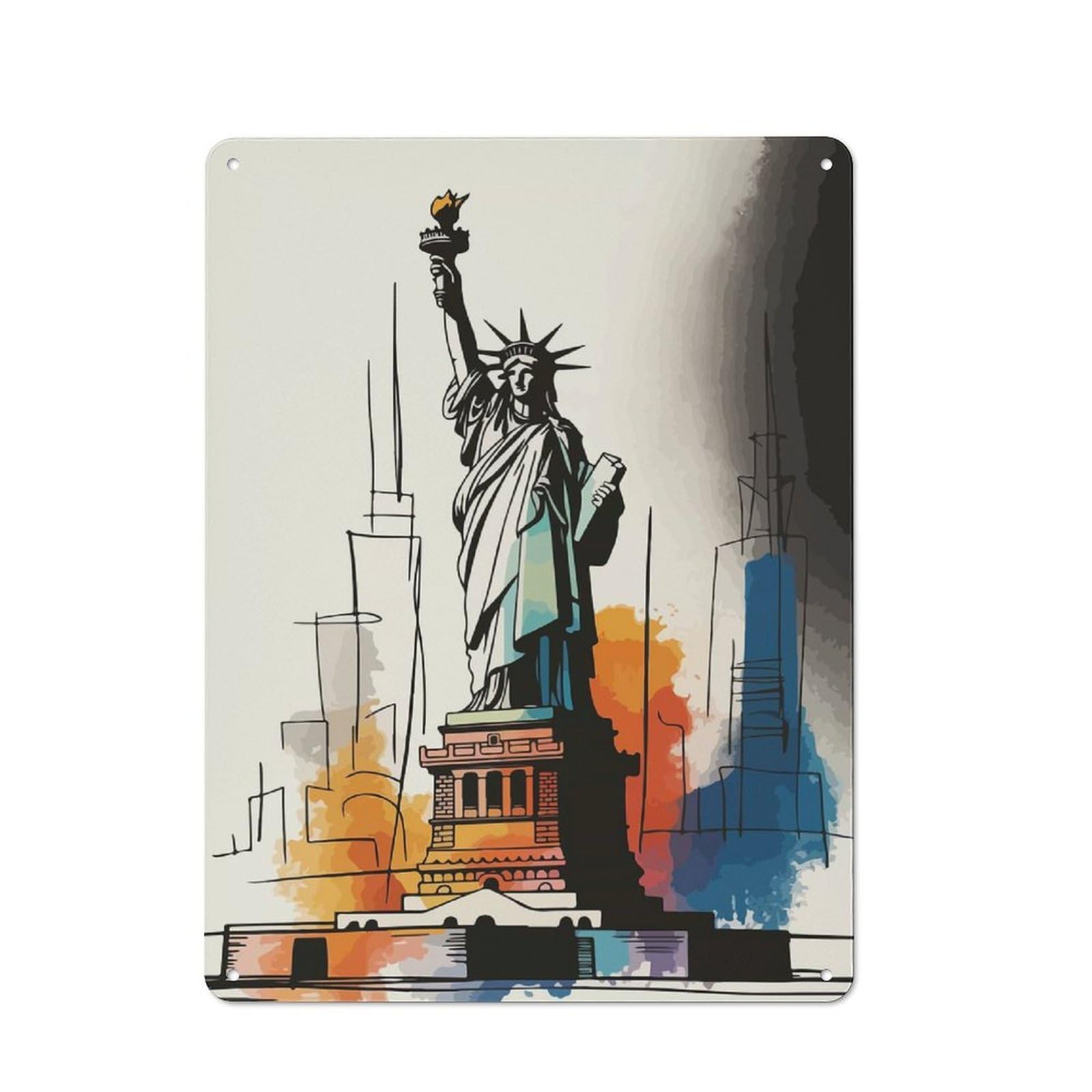 Junmoney Statue Of Liberty Watercolor Sketch 40X30cm Retro Tin Sign With For Living Room Or Hallway, A Decorative Metal Sign For Living Rooms And Hallways