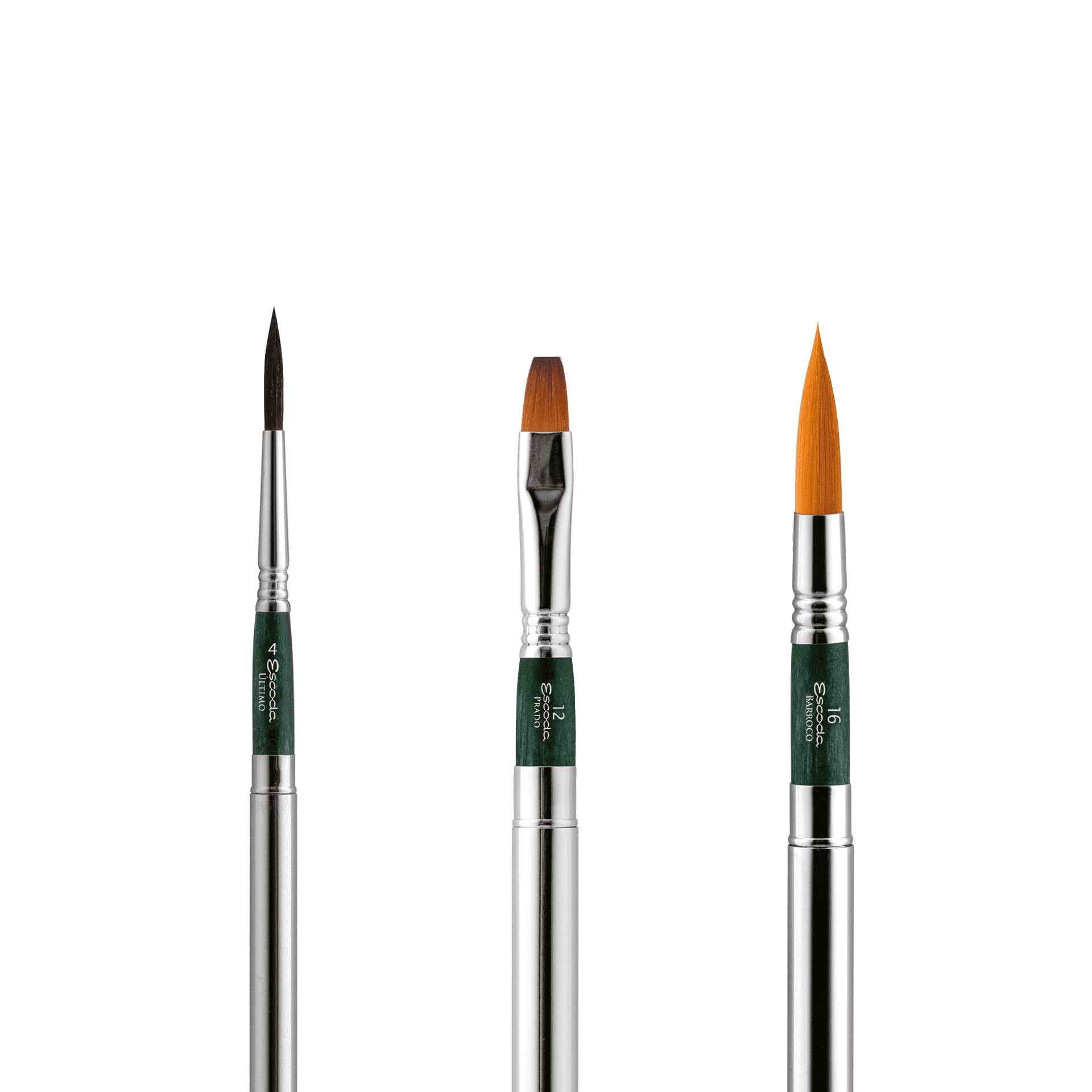 ESCODA Set 3 Pinceles Acuarela - Green Set Viaje N.4,12,16 Redondo Punta Salida Larga Carrado Pelo Sintético Serie Último Prado Barroco Estuche Tela Profesional Fabricado a Mano en España.