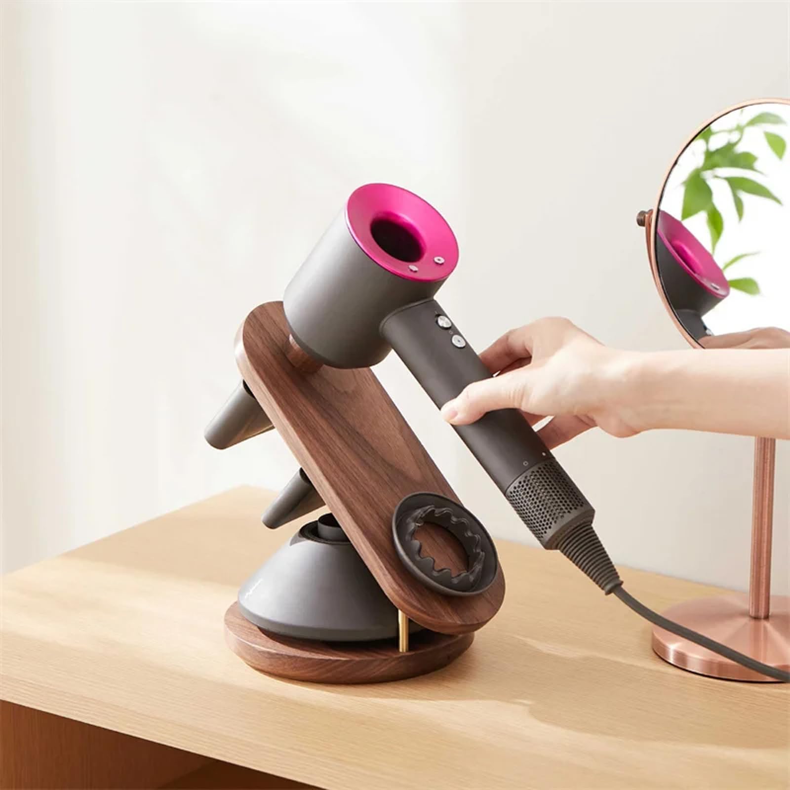 Soporte para secador de Pelo, difusor supersónico para secador de Pelo y boquillas, Organizador de Accesorios para secador de Pelo, Madera de Haya de Nogal