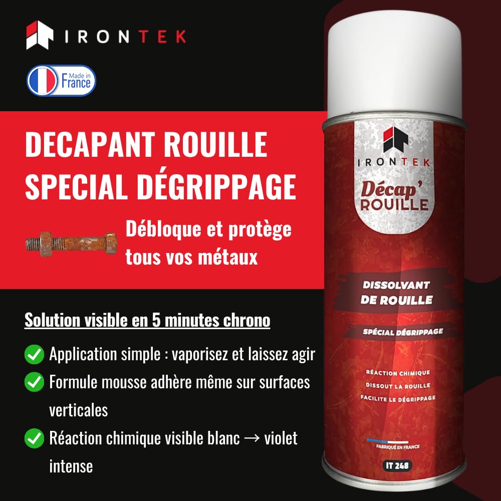 Dissolvant et Convertisseur Rouille 400ml - IRONTEK | IT248 | Réaction Chimique Dissout la Rouille | Facilite Le dégrippage | Auto Moto | Formule Professionnelle