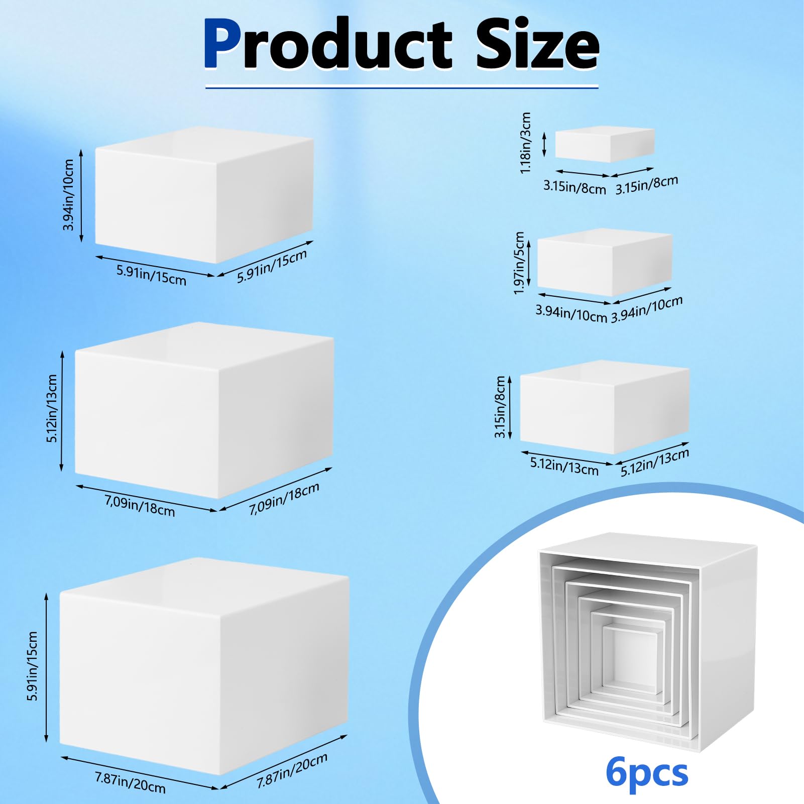 Wakects Lot de 6 Support à Buffet, Presentoir a Gateau Cube Présentoir Acrylique Emboîtable avec Fonds Creux pour Desserts, Buffets, Cosmétiques, Pièces de Collection Display (Blanc)