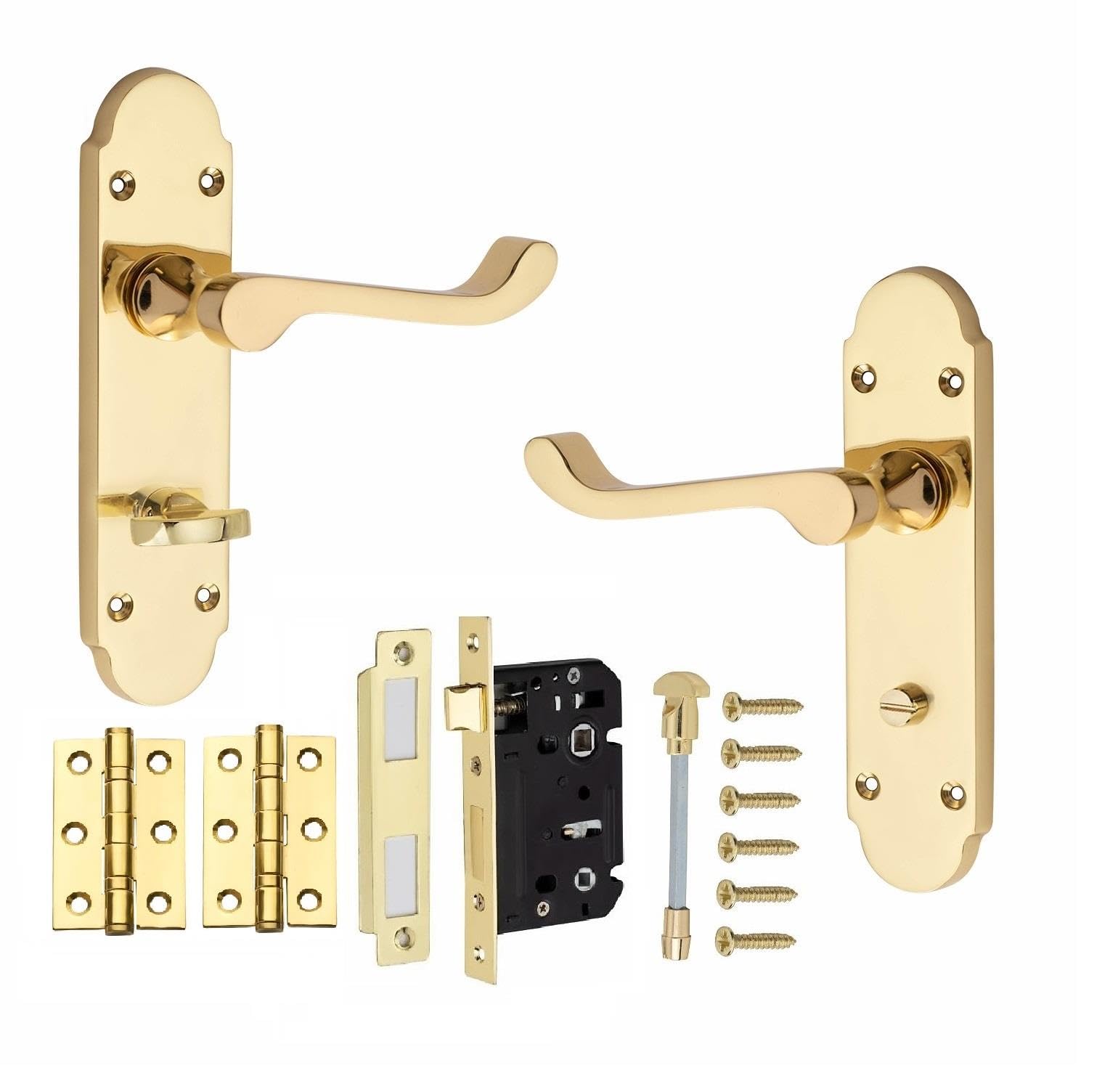 Golden Grace Polished Brass Victorian Scroll Epsom Design Bathroom Door Handle With 2.5" Bathroom Lock & Hinges 168Mm X 40Mm