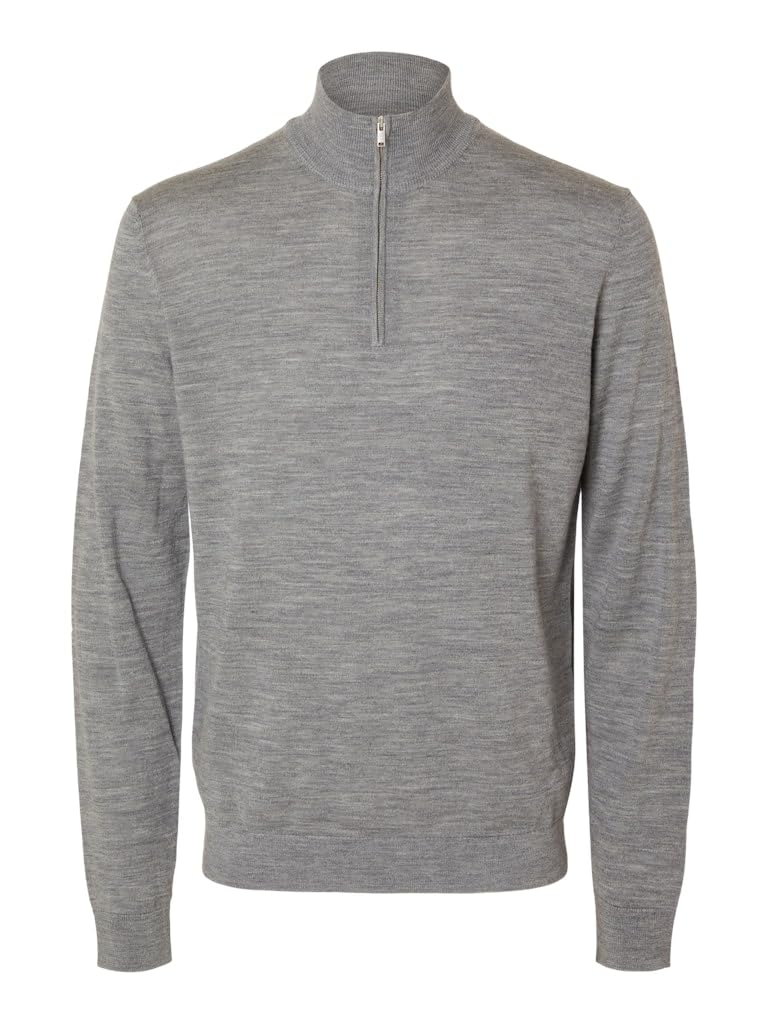 SELECTED HOMME Male Half-Zip Pullover 100% Merino Wool, Medium Grey Melange, S