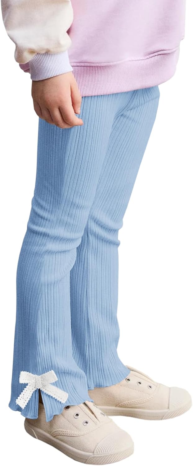 Haloumoning Toddler Baby Girl Flare Pants Kids Ribbed Elastic Waist Leggings Bowtie Bell Bottom 2-10T
