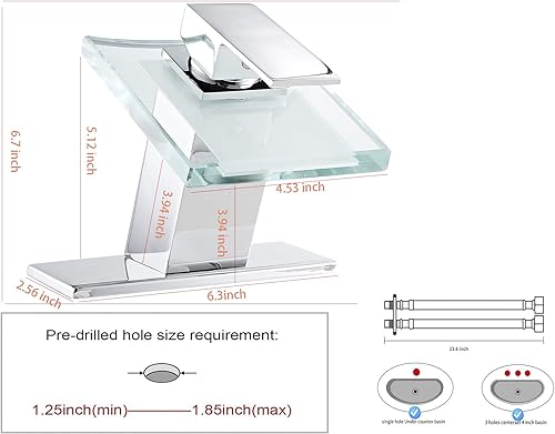 Miniatura 2 de Grifo de baño Luz LED 3 colores cambiantes Cascada Caño de vidrio Mezclador de agua caliente y fría Mezclador de agua fría y caliente de un solo