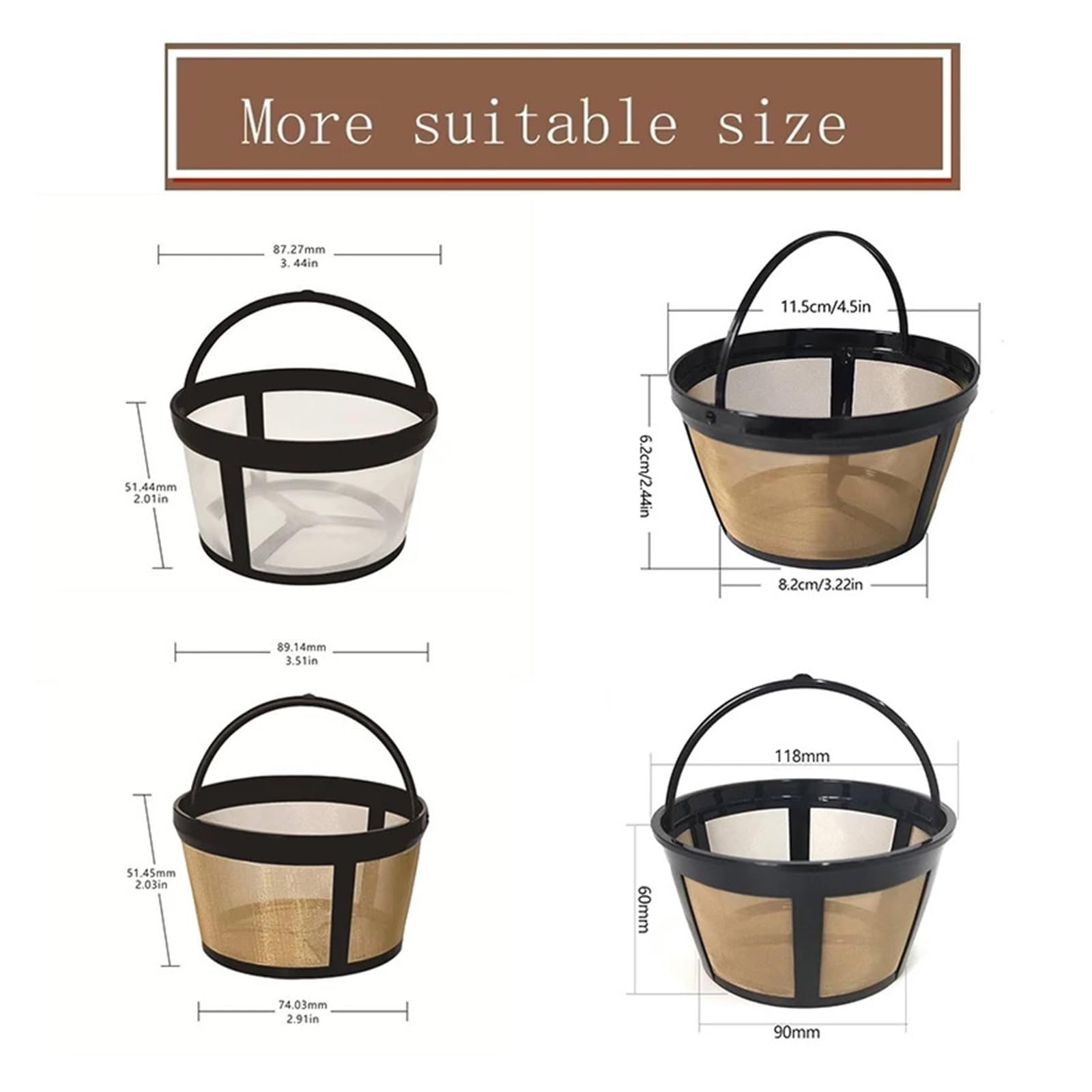 Filtro de café cesta estable, colador for cafetera 4/6/8 tazas, máquina reutilizable, herramienta cervecería malla, 2 uds(Brown 2pc-6 cup)