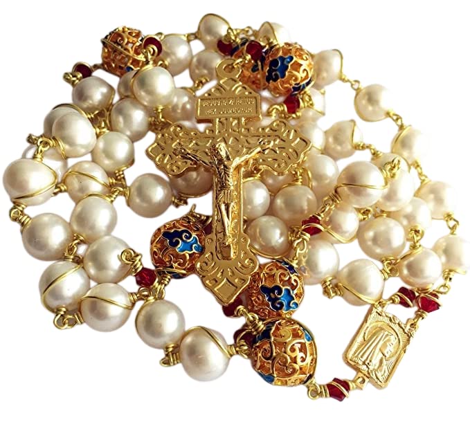 elegantmedical HANDMADE plated gold Wire Wraped Bead AAA White 10mm Pearl Rosary Cross NECKLACE BOX