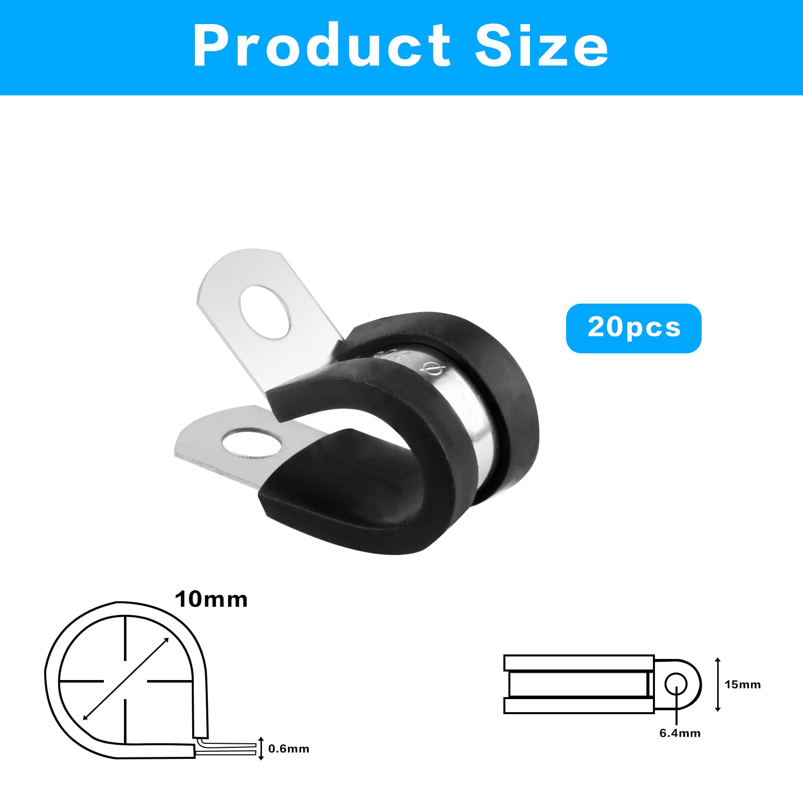 Stainless Steel Rubber Lined P Clips Assorted, 20 Pcs 10mm Hose Pipe Clamps, Hose Conduit Clips - Image 2