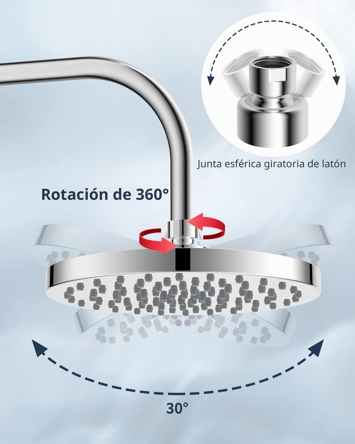 Alcachofas Fijas para Ducha Redonda 8 Pulgadas (20x20cm), Rociador Ducha Efecto Lluvi Grande, Cabezal de Ducha Ultra-Delgado de Alta Presión de Acero Inoxidable, Ángulo Ajustable y Giratorio, Cromado